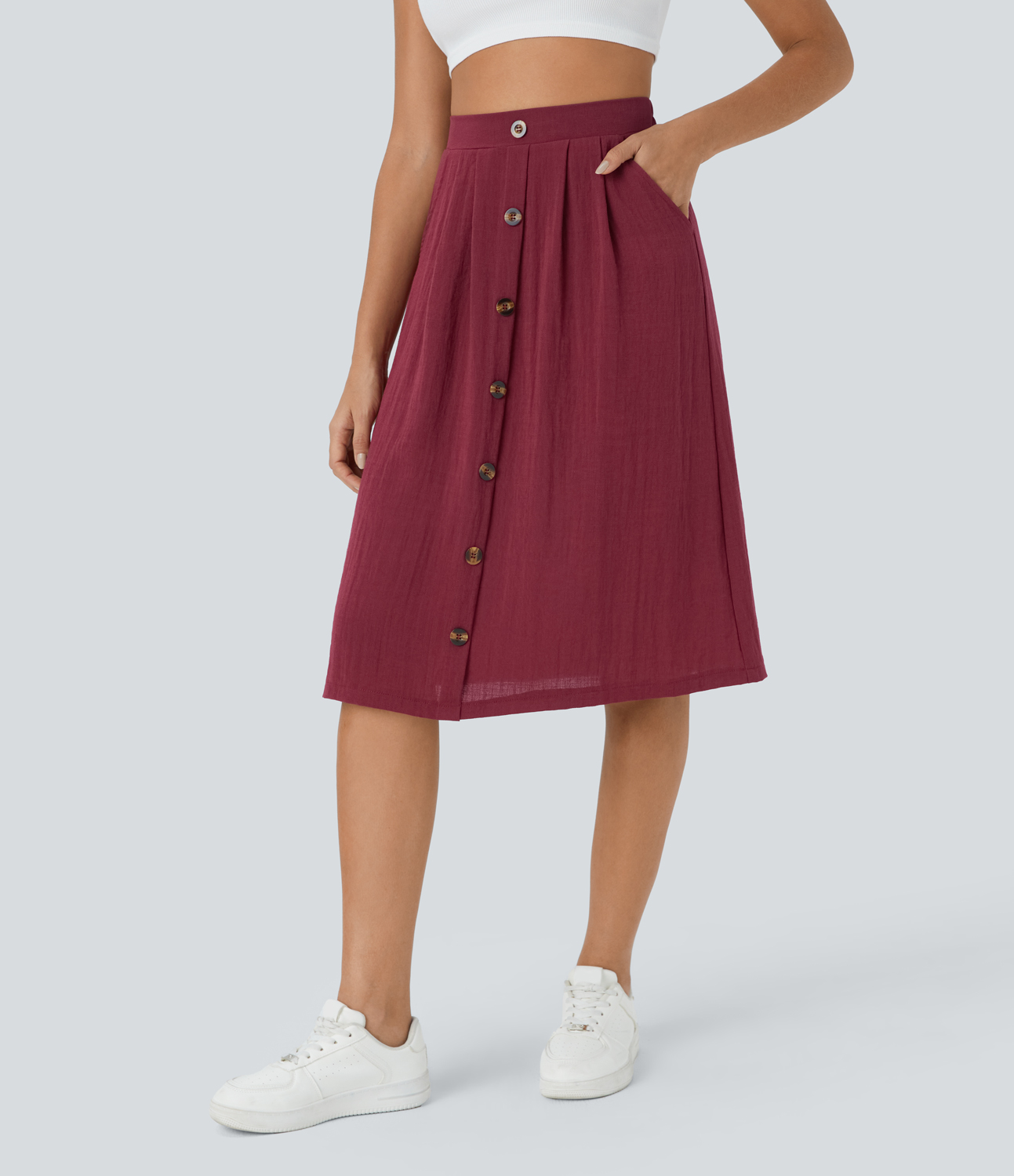 Halara High Waisted Side Pocket Button A Line Midi Casual Cotton Skirt  - Pomegranate - L 