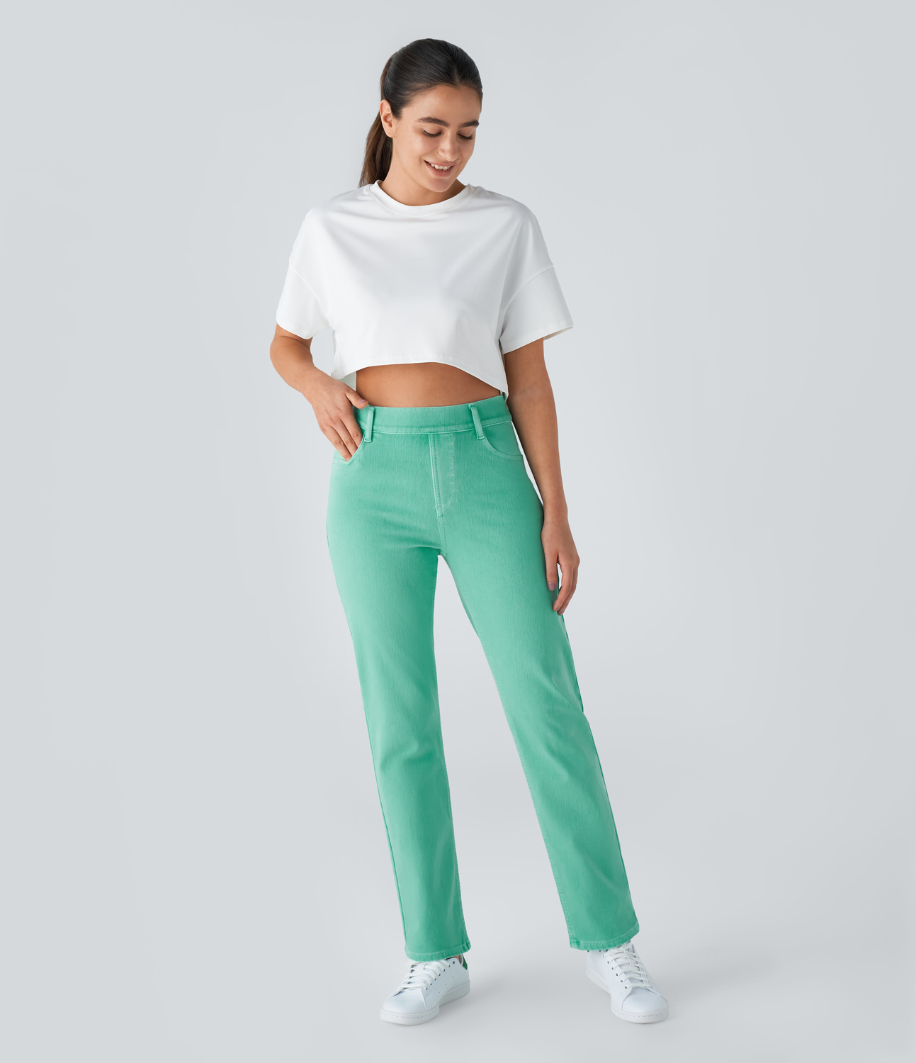 

Halara HalaraMagicв„ў High Waisted Multiple Pockets Straight Leg Colorful Stretchy Knit Casual Jeans - Ice green denim