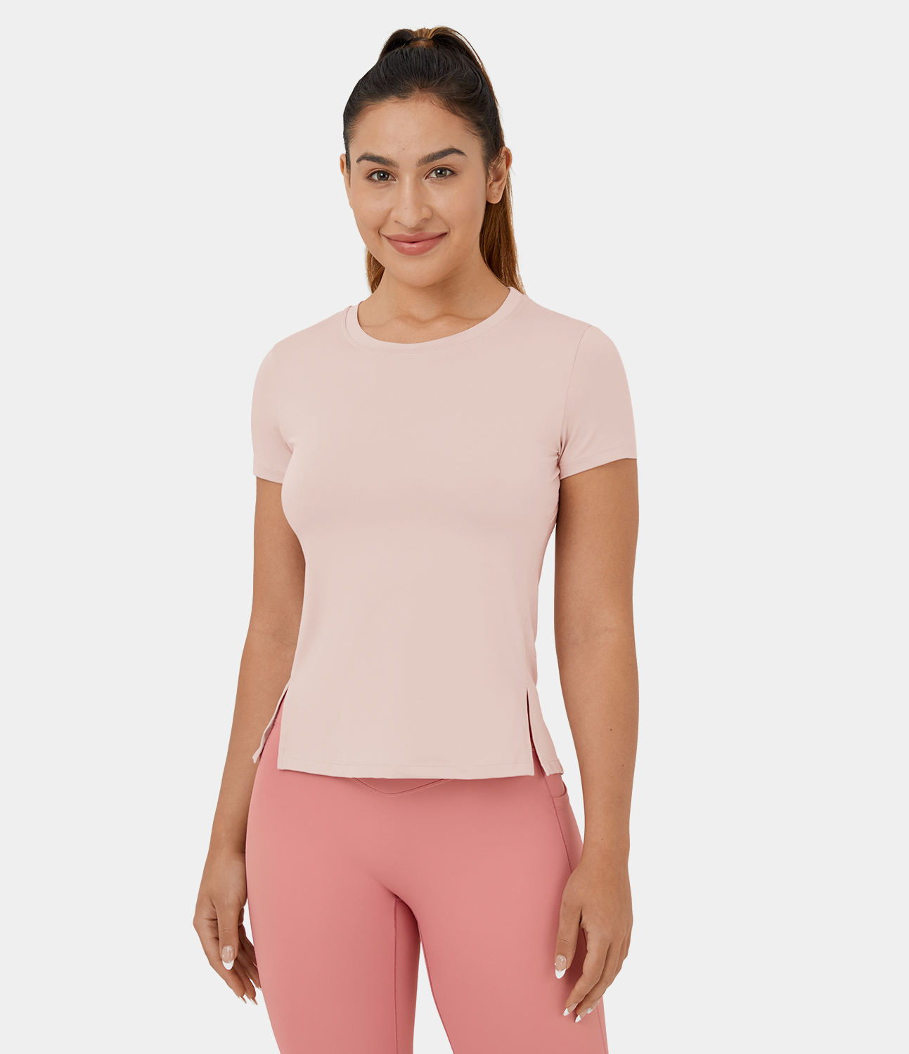 Halara Contrast Mesh Cut Out Side Split Yoga Sports Top  - Silver Peony - L 
