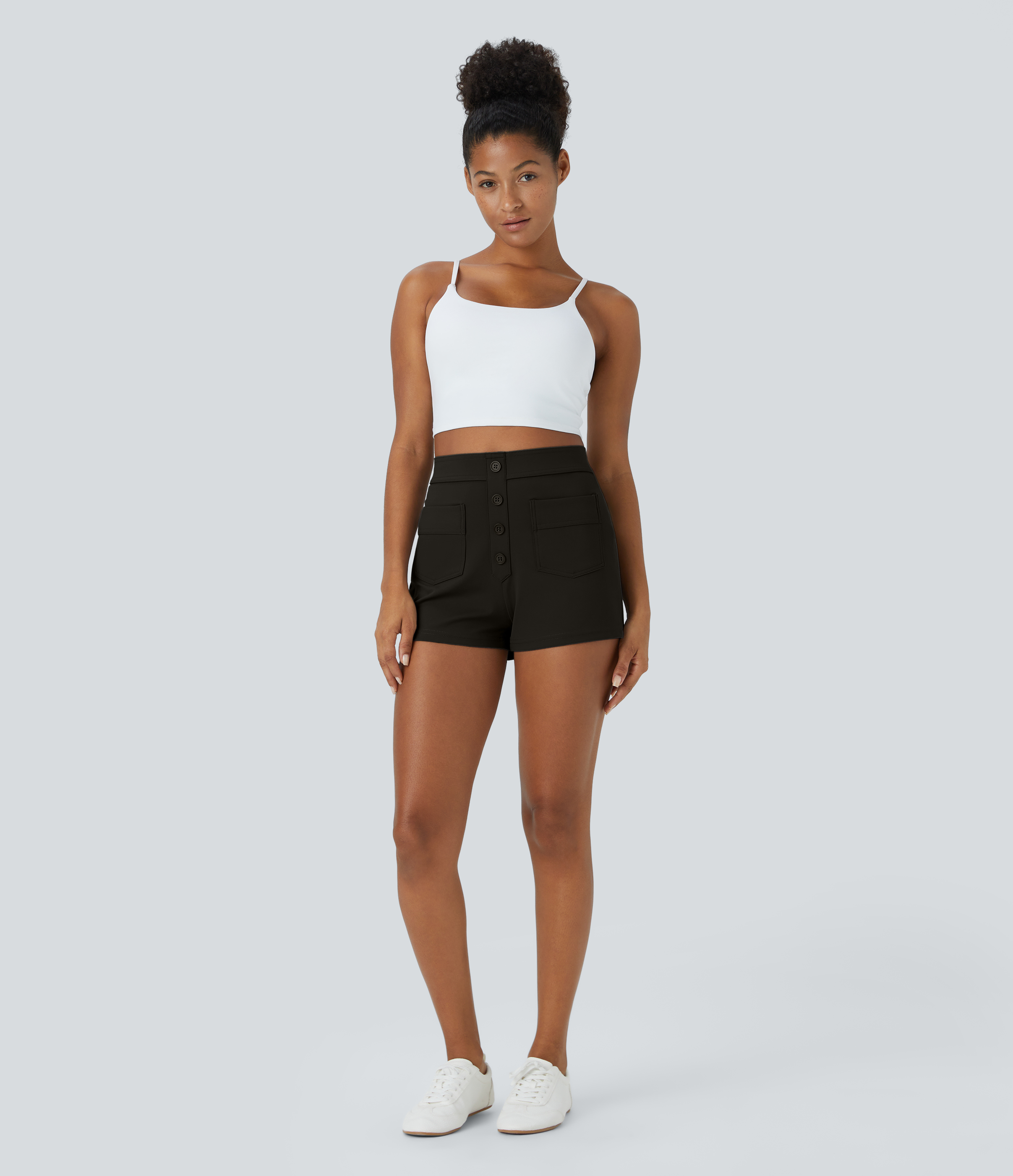 Halara High Waisted Button Multiple Pockets Casual Shorts 2.5``  - Black - L 