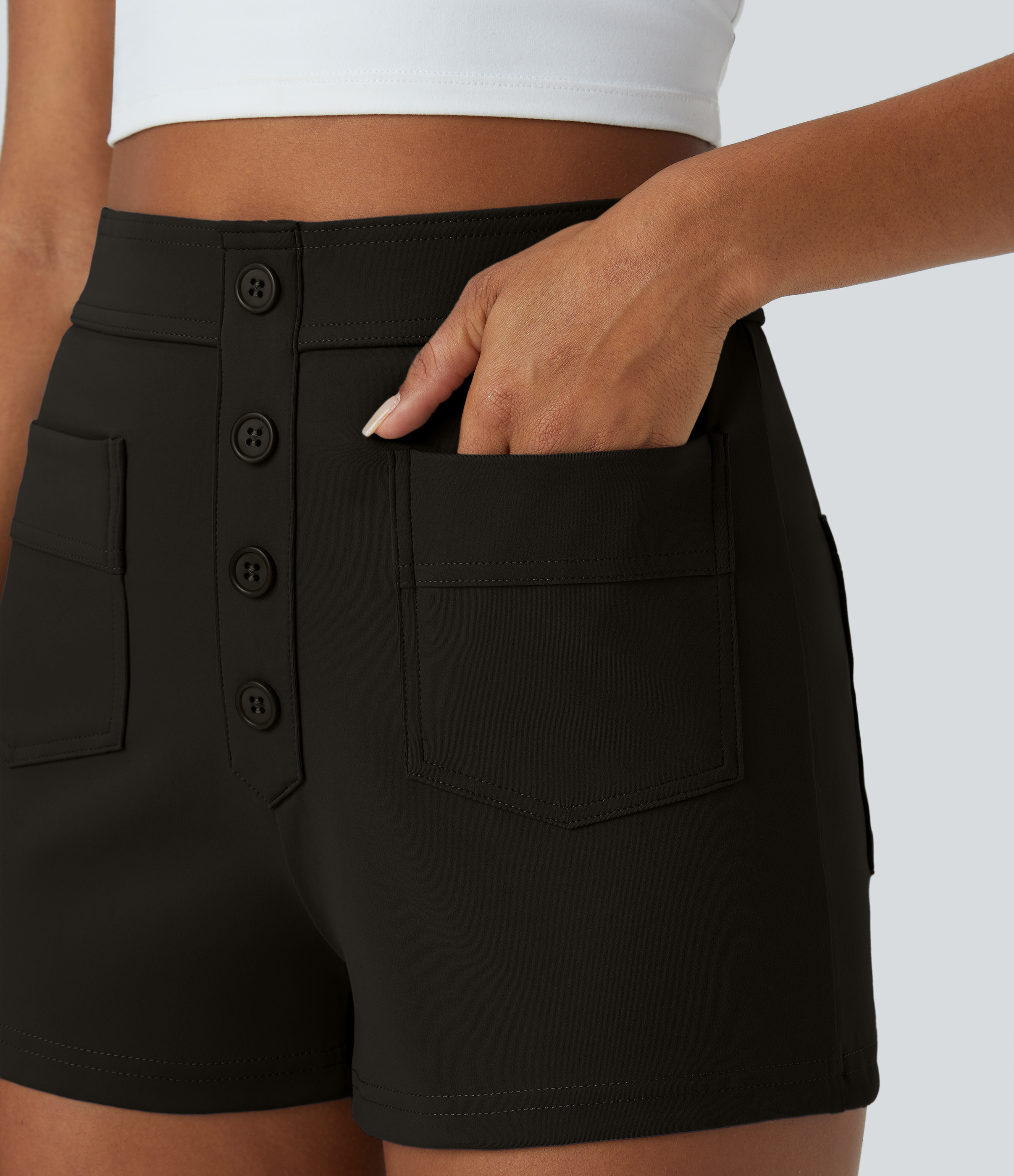 Halara High Waisted Button Multiple Pockets Casual Shorts 2.5``  - Black - L 