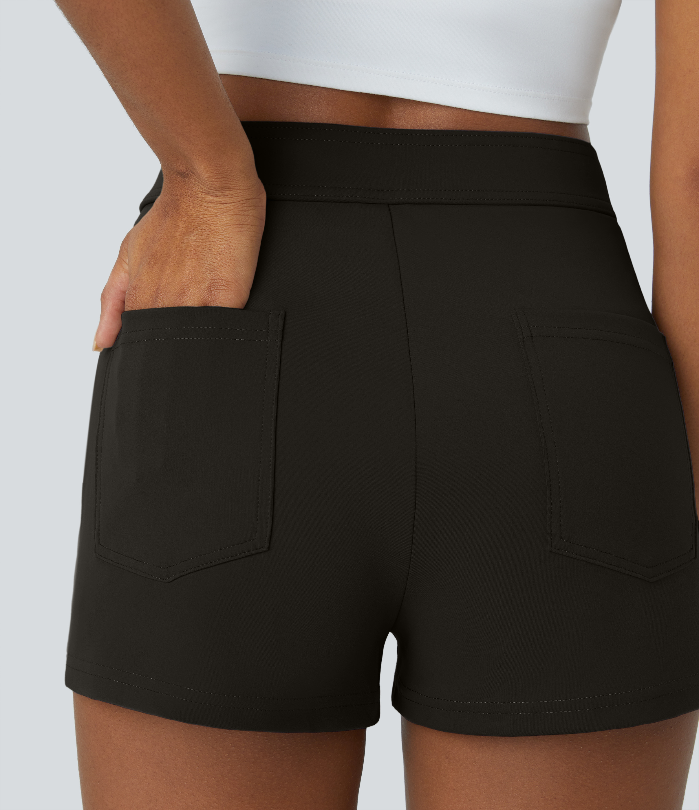 Halara High Waisted Button Multiple Pockets Casual Shorts 2.5``  - Black - L 