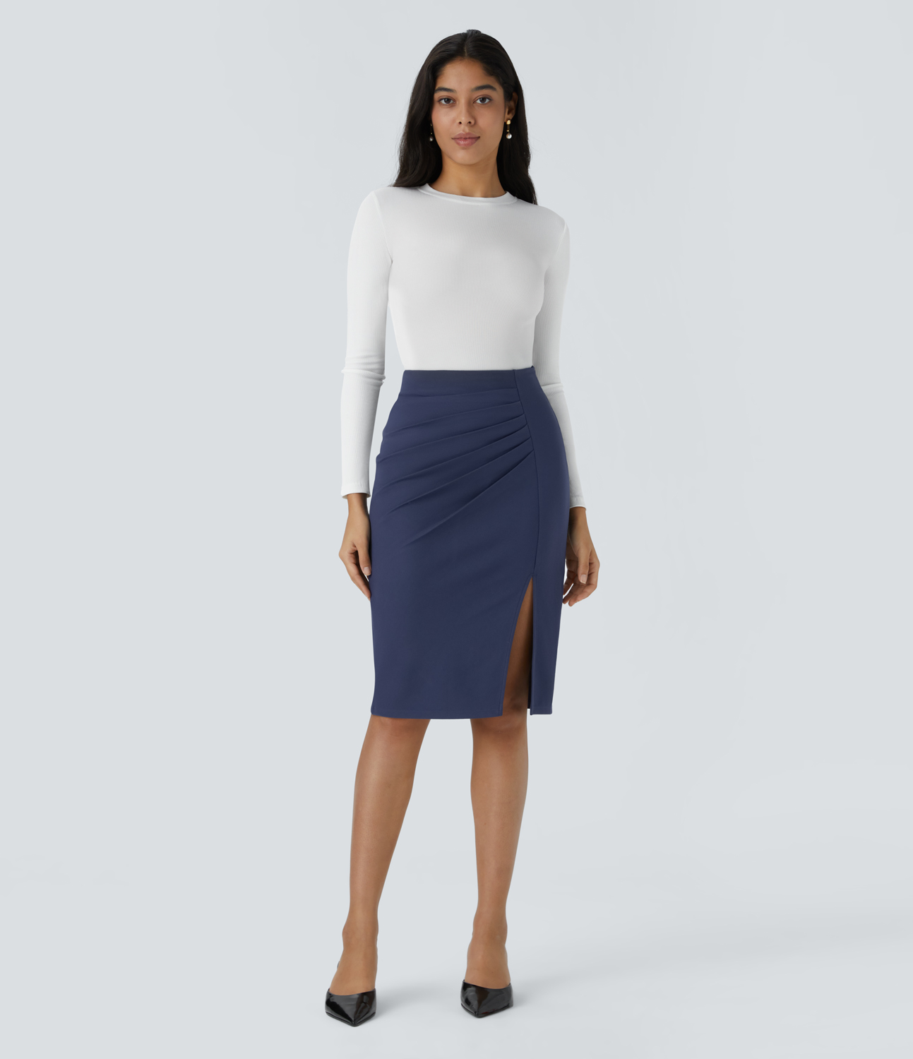 Halara High Waisted Ruched Split Hem Slim Midi Work Skirt  - Patriot Blue - S(regular) 