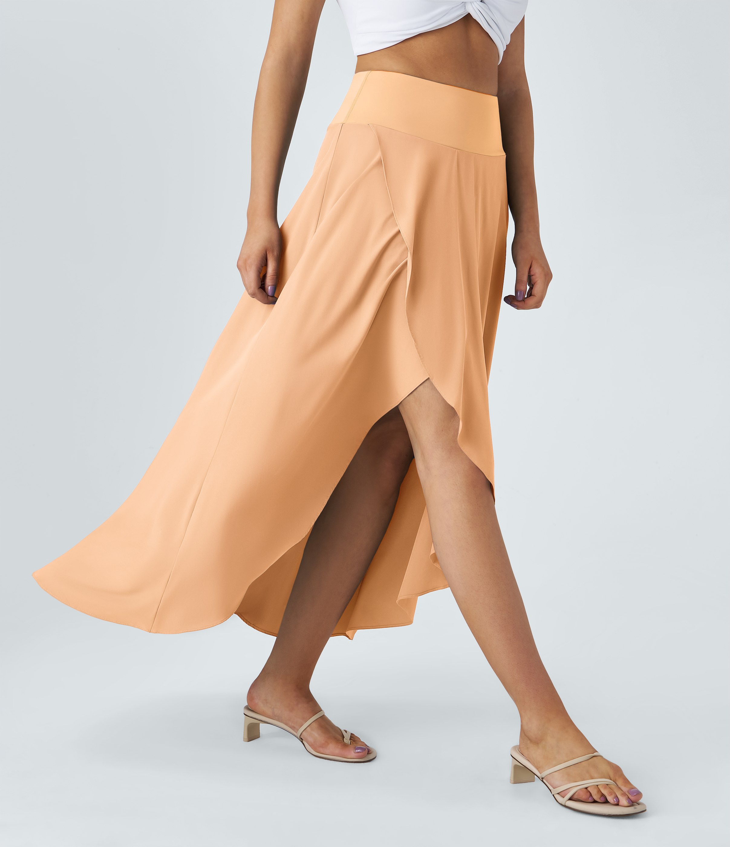 Halara Breezefulв„ў High Waisted High Low Ruffle 2-in-1 Flowy Quick Dry Casual Regular Maxi Skirt  - Peach Orange - S(regular) 