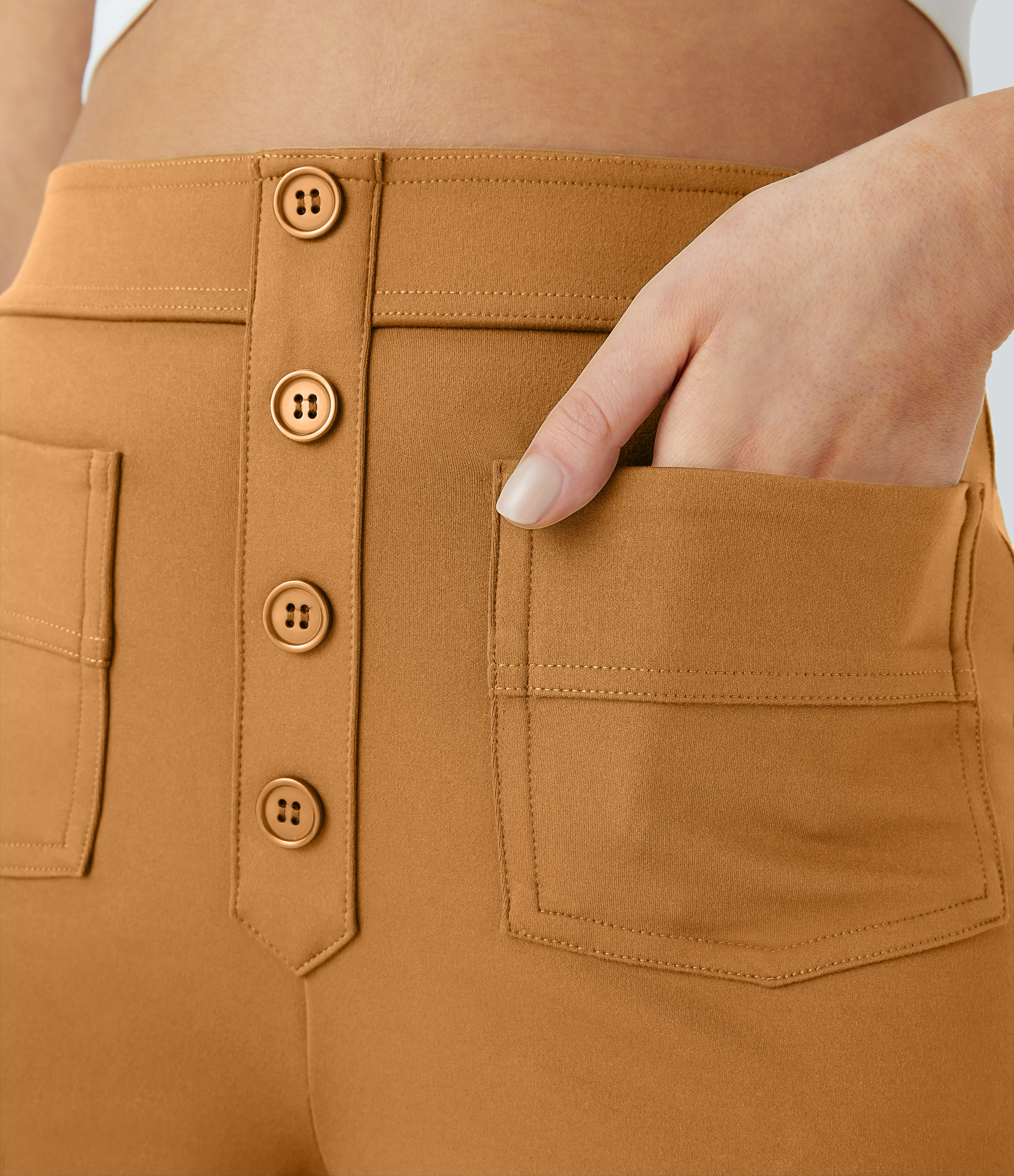Halara High Waisted Button Multiple Pockets Straight Leg Casual Pants  - Buckskin - L(regular) sweatpants jogger pants stacked sweatpants 