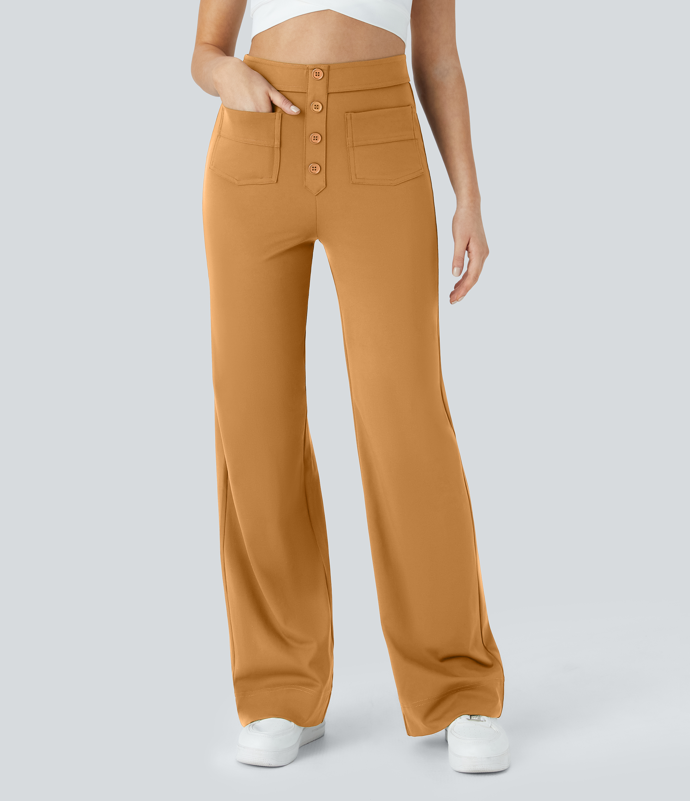 Halara High Waisted Button Multiple Pockets Straight Leg Casual Pants  - Buckskin - L(regular) sweatpants jogger pants stacked sweatpants 
