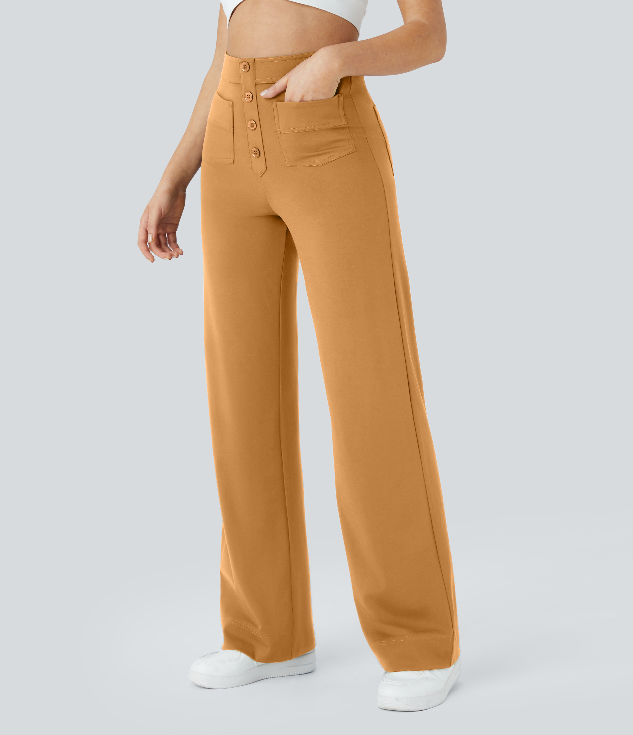Halara High Waisted Button Multiple Pockets Straight Leg Casual Pants  - Buckskin - L(regular) sweatpants jogger pants stacked sweatpants 