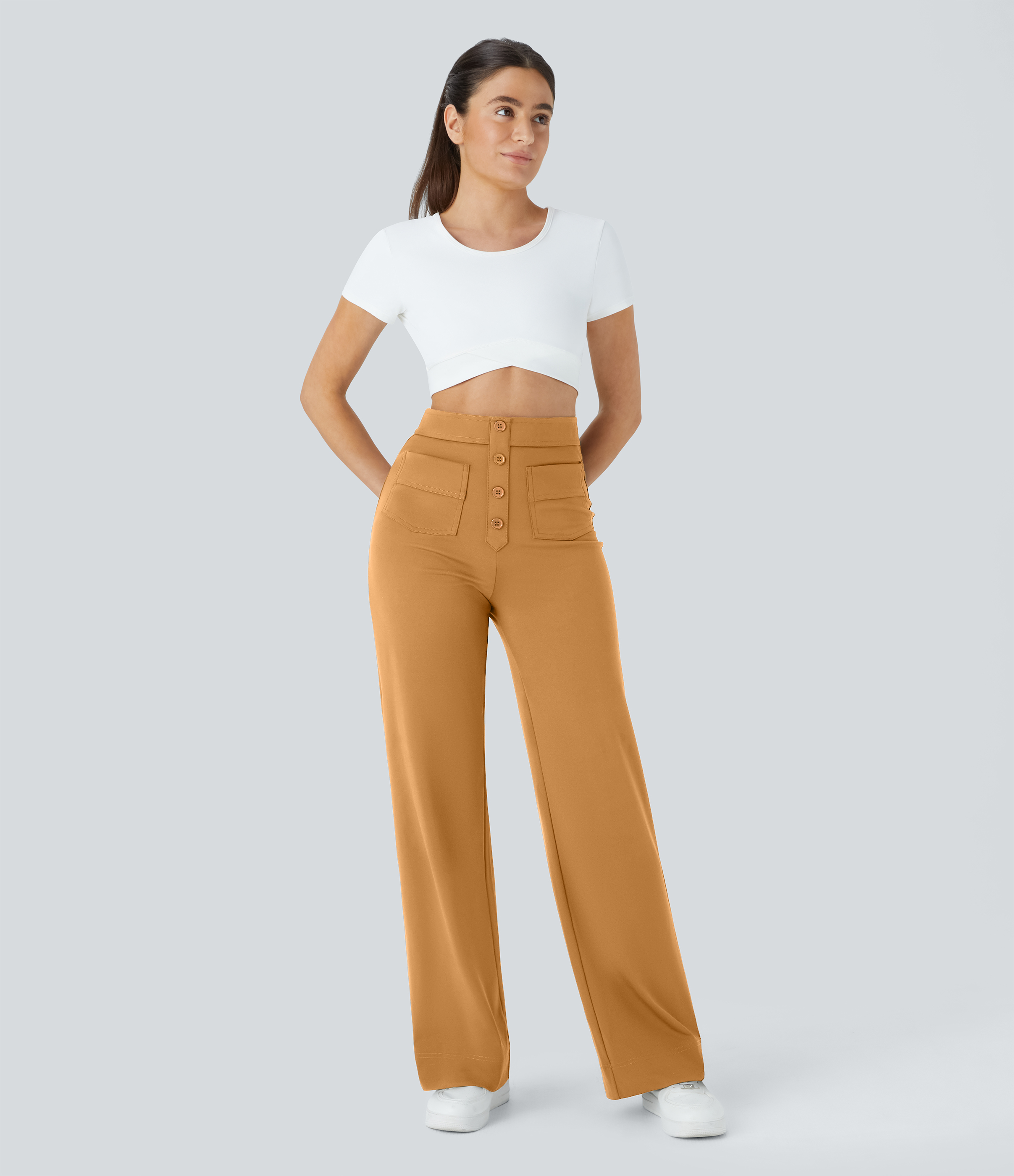 Halara High Waisted Button Multiple Pockets Straight Leg Casual Pants  - Buckskin - L(regular) sweatpants jogger pants stacked sweatpants 