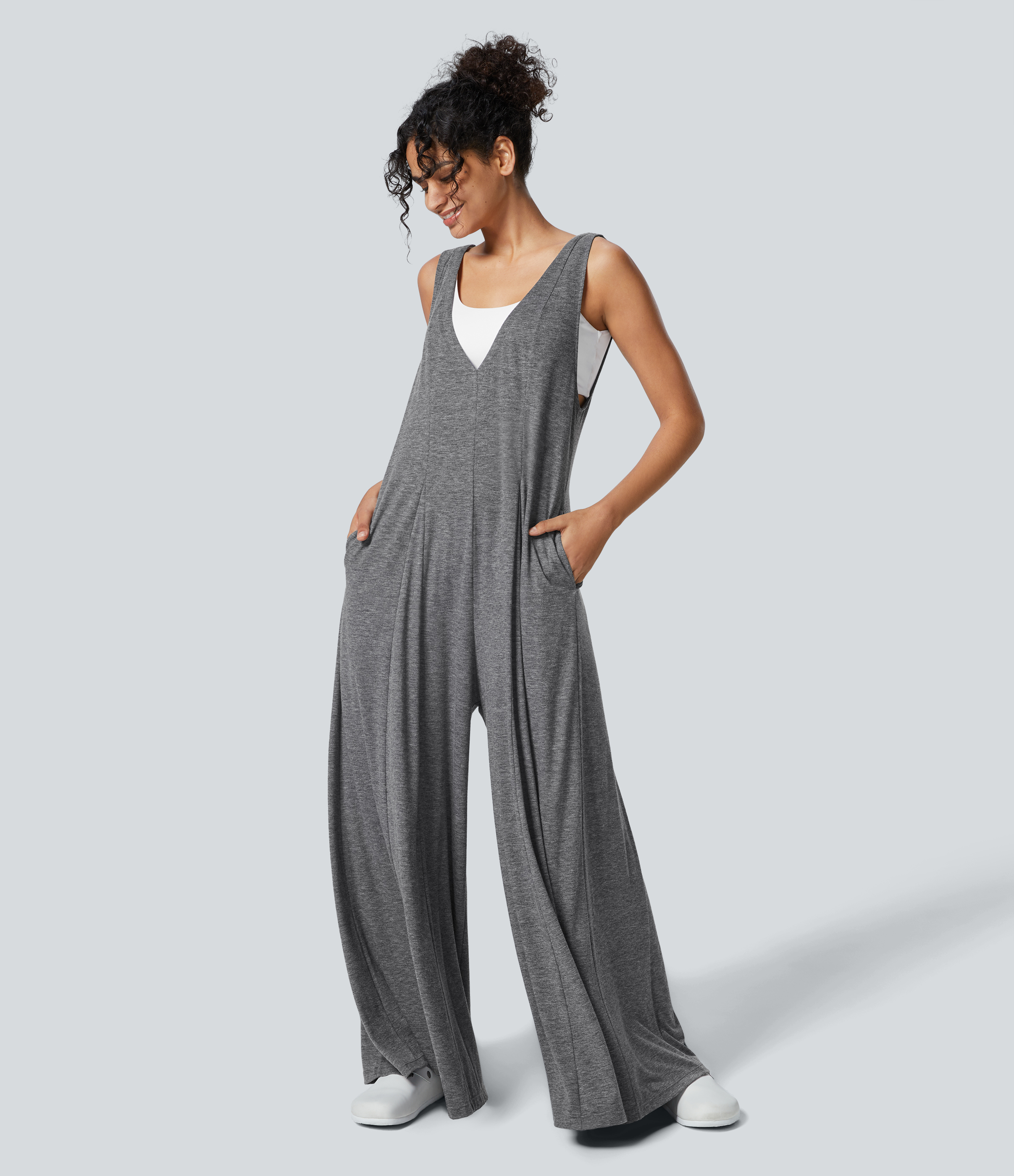 V-neck, side pockets, draped, wide leg, loose casual jumpsuit