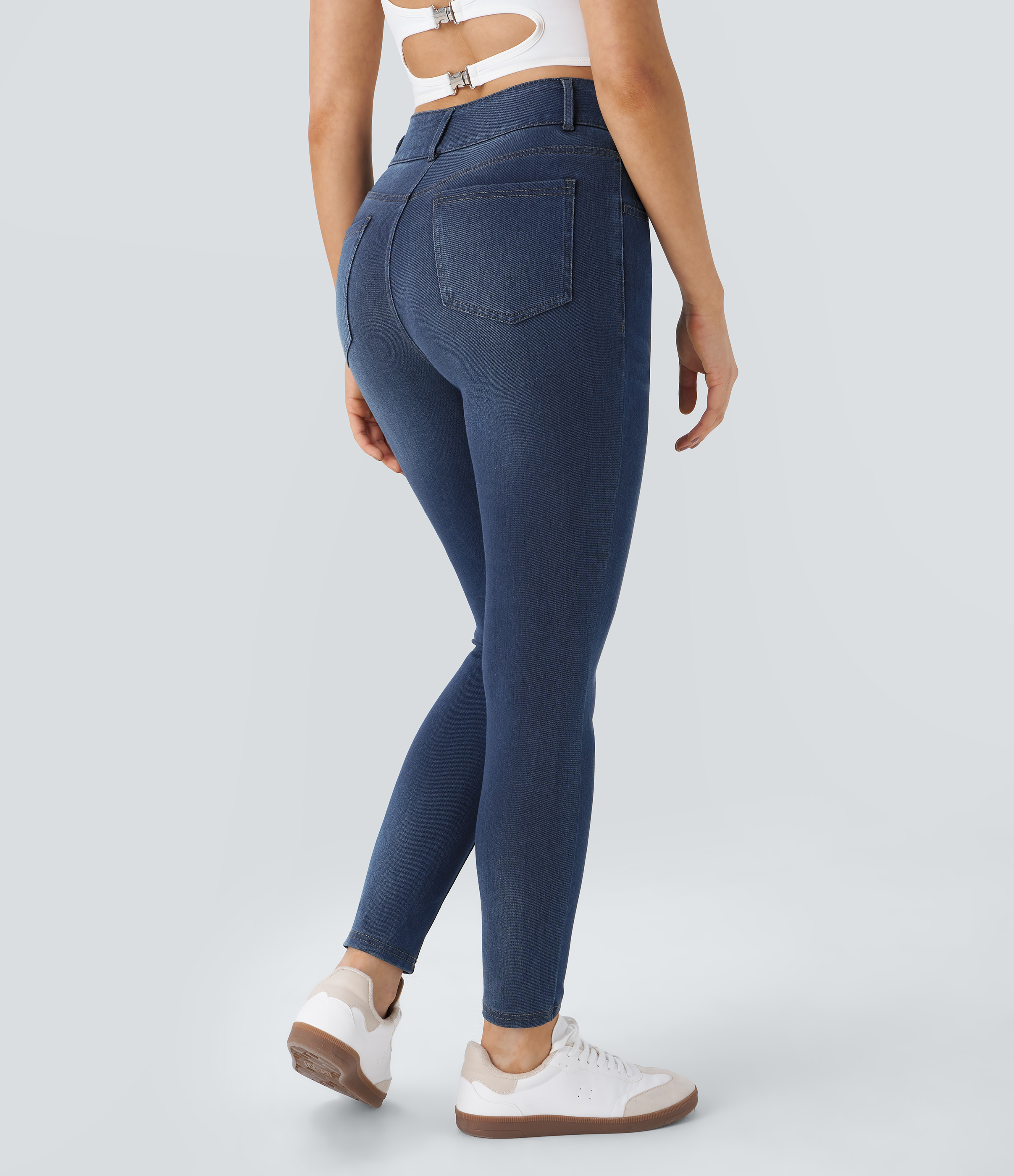 Bright Blue Denim Jeans Halara Flex™ Denim ajustado elástico múltiple bolsillo cremallera botones tiro alto / 2