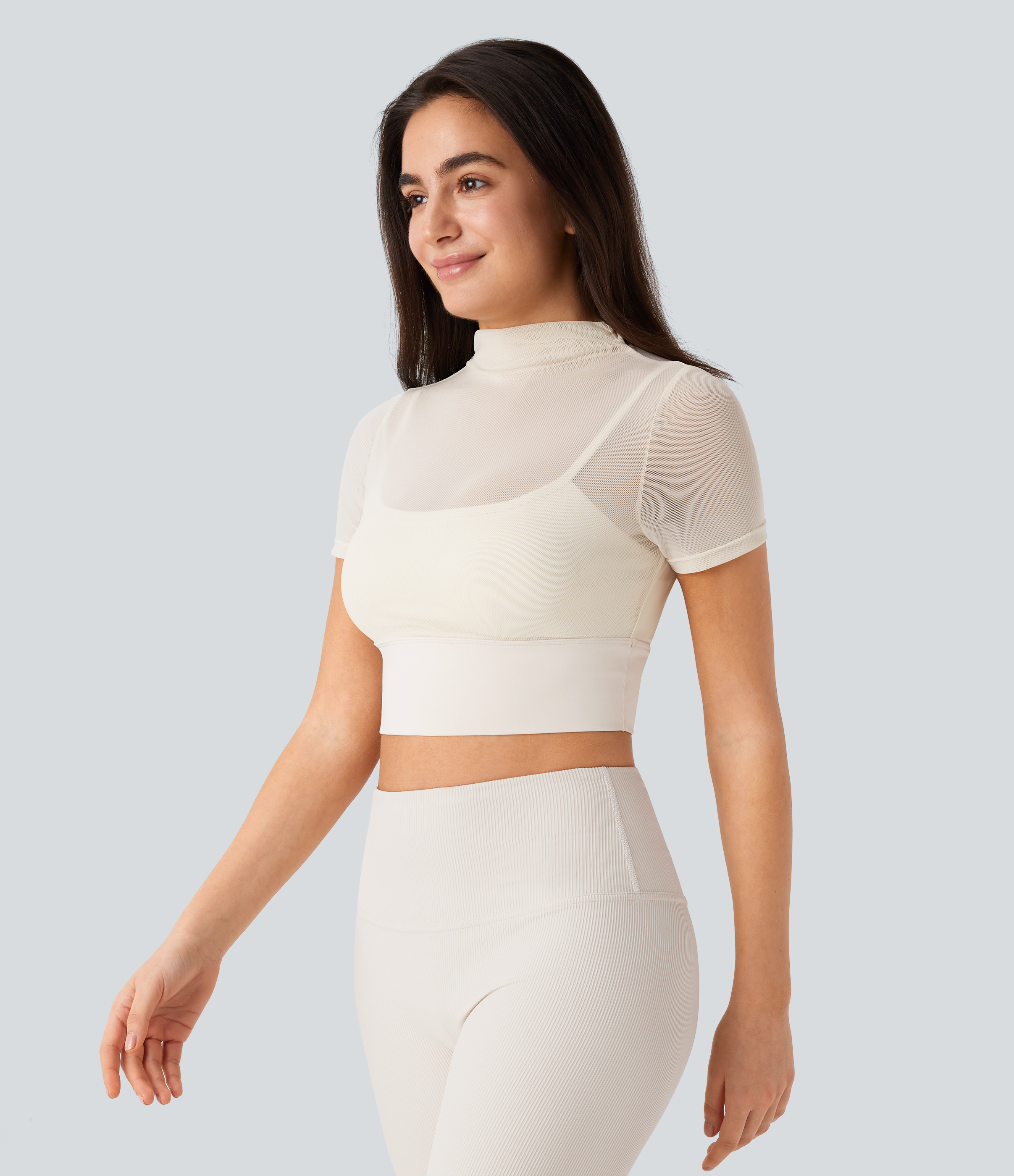 Halara Contrast Mesh Short Sleeve 2-in-1 Cropped Yoga Sports Top  - Pearled Ivory - S 