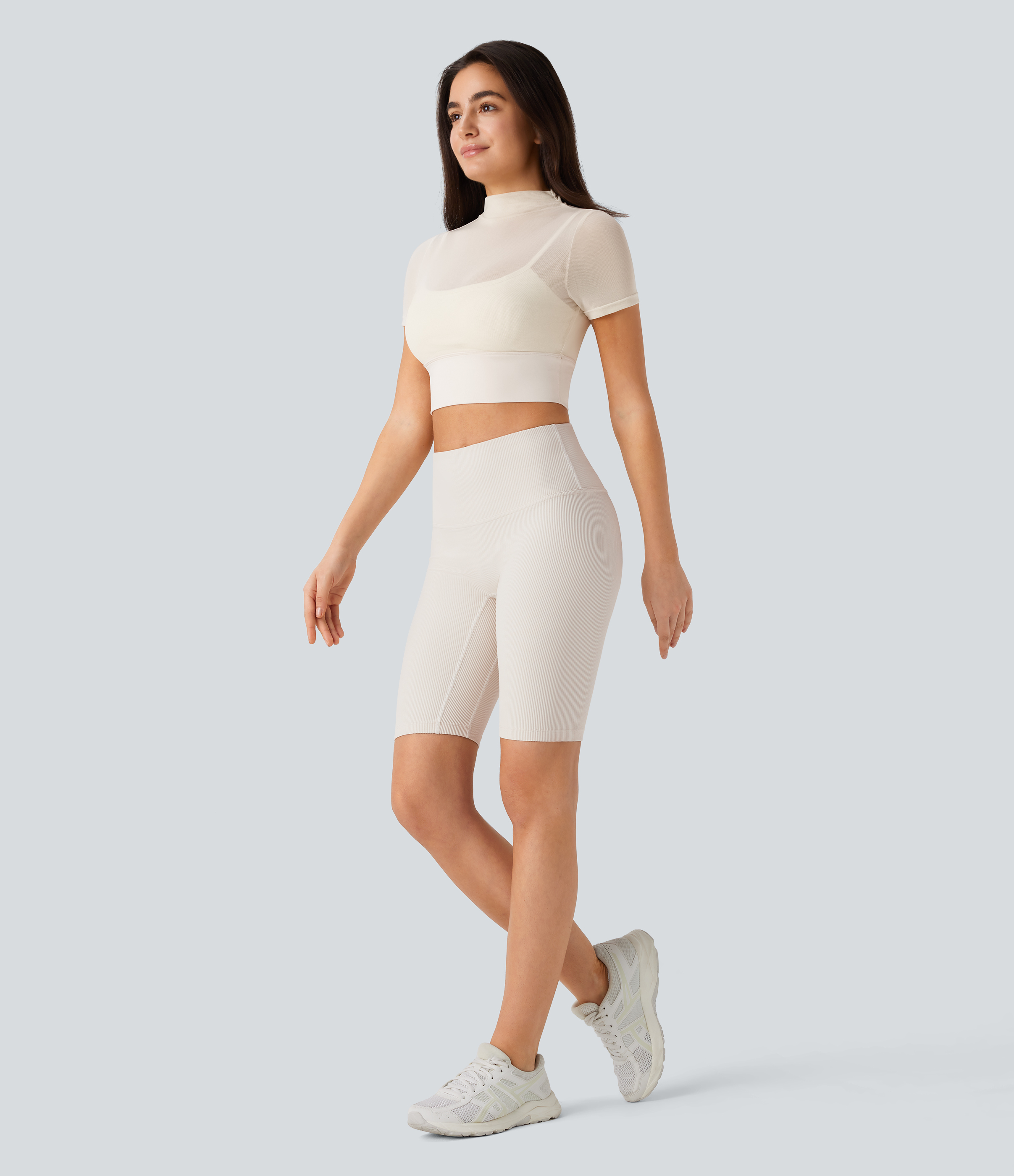 Halara Contrast Mesh Short Sleeve 2-in-1 Cropped Yoga Sports Top  - Pearled Ivory - S 