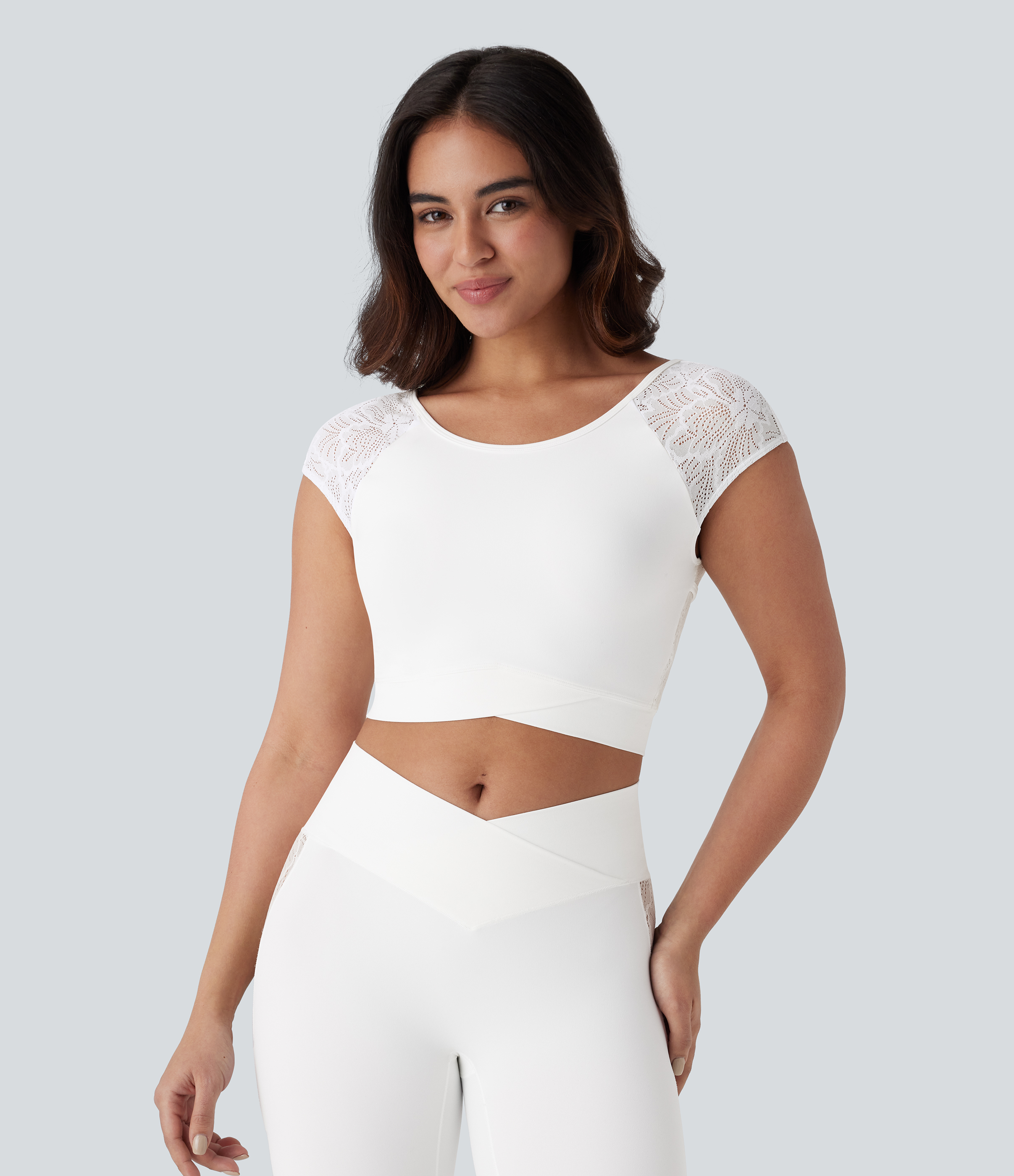 Halara Softlyzeroв„ў Backless Contrast Lace Crossover Hem Cropped Yoga Sports Top-UPF50+  - White - XL 