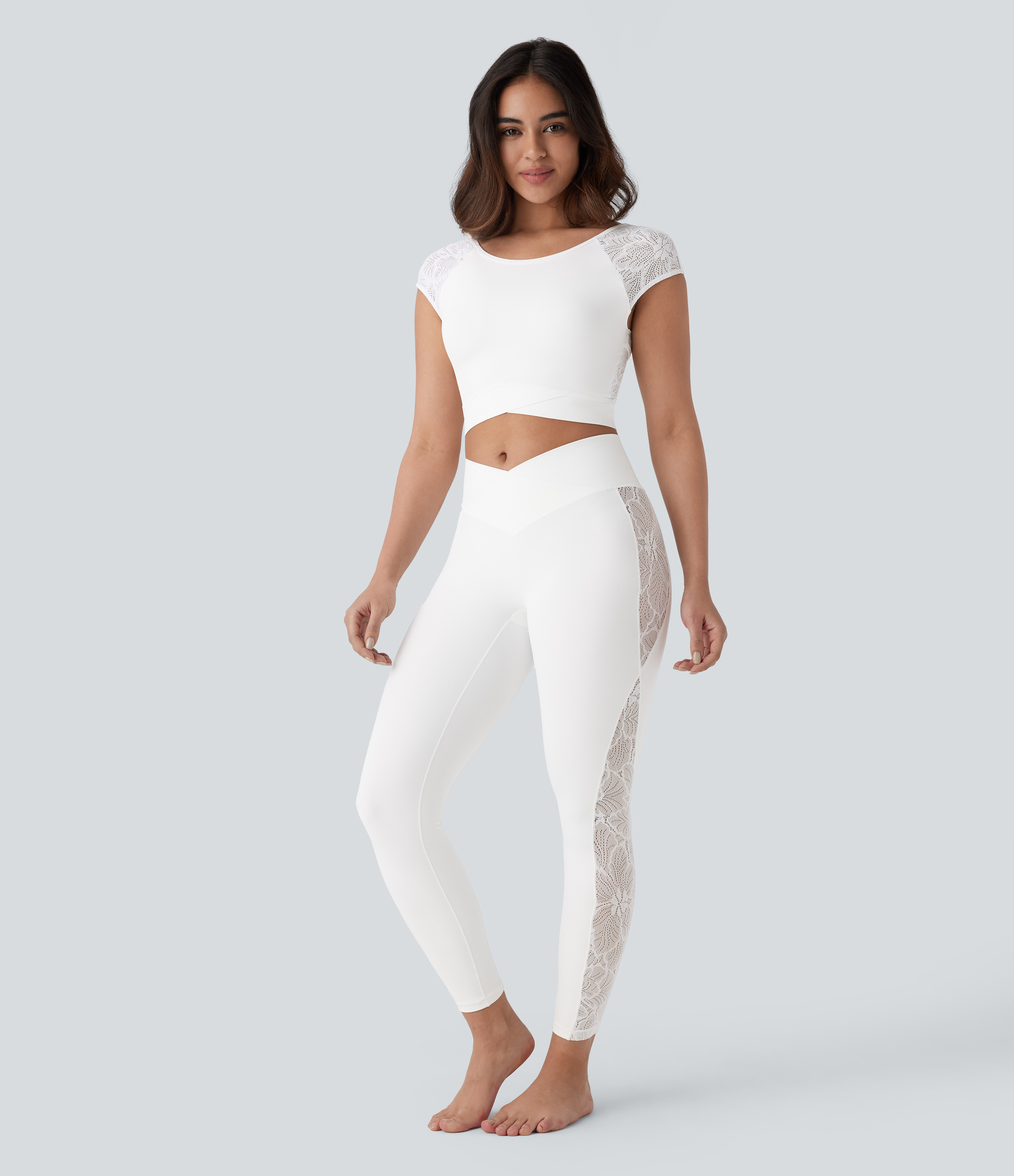 Halara Softlyzeroв„ў Backless Contrast Lace Crossover Hem Cropped Yoga Sports Top-UPF50+  - White - XL 