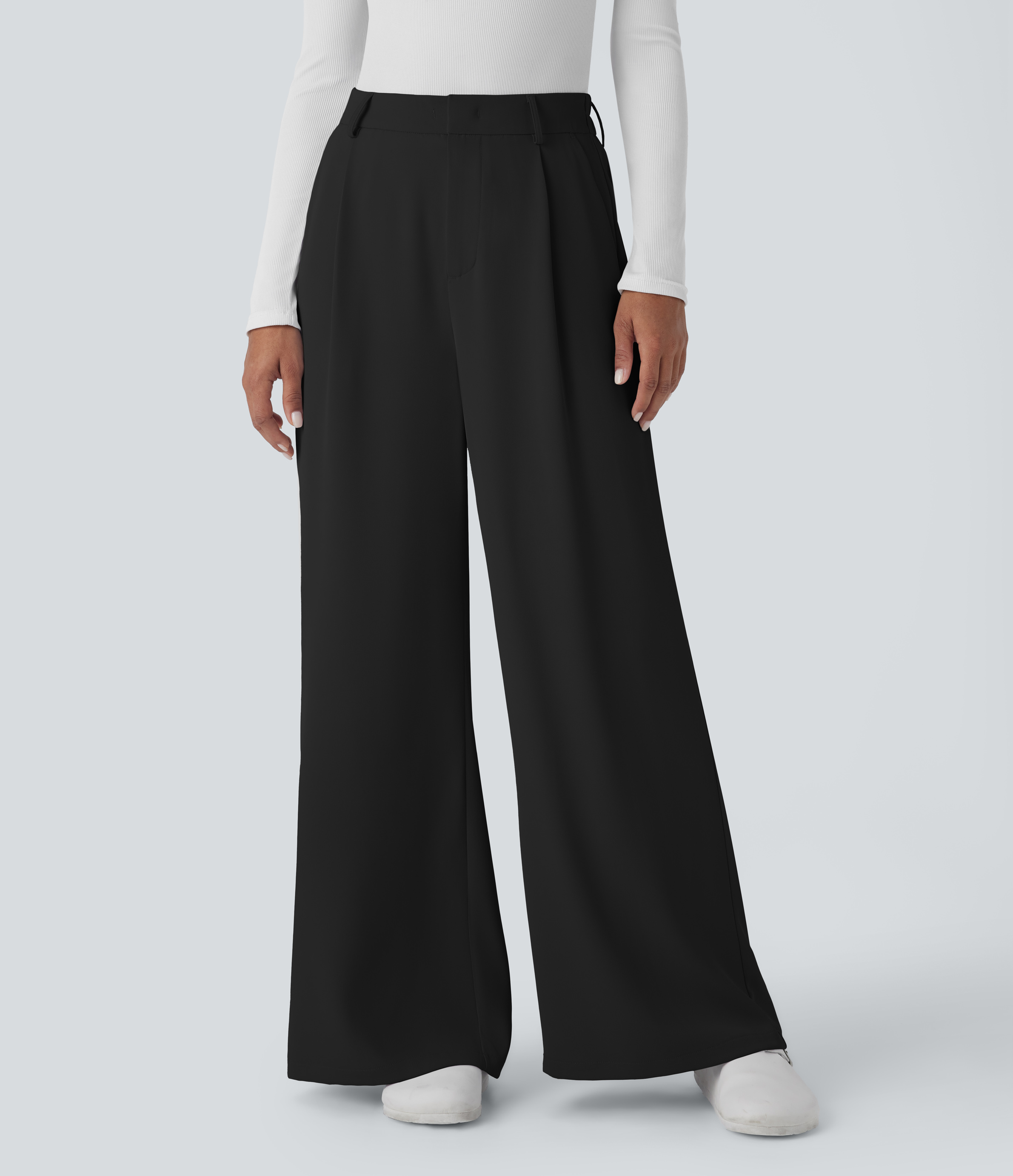 Halara High Waisted Belted Zipper Plicated Side Pocket Wide Leg Work Pants  - Black - XL(regular) sweatpants jogger pants stacked sweatpants 