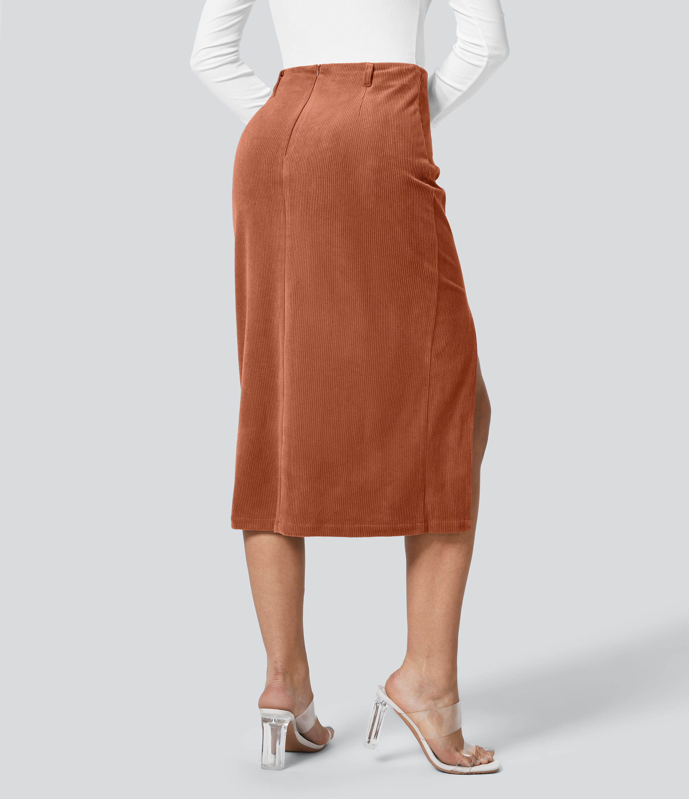 Halara High Waisted Invisible Zipper Split Hem Midi Corduroy Casual Skirt  - Bombay Brown - L(regular) 