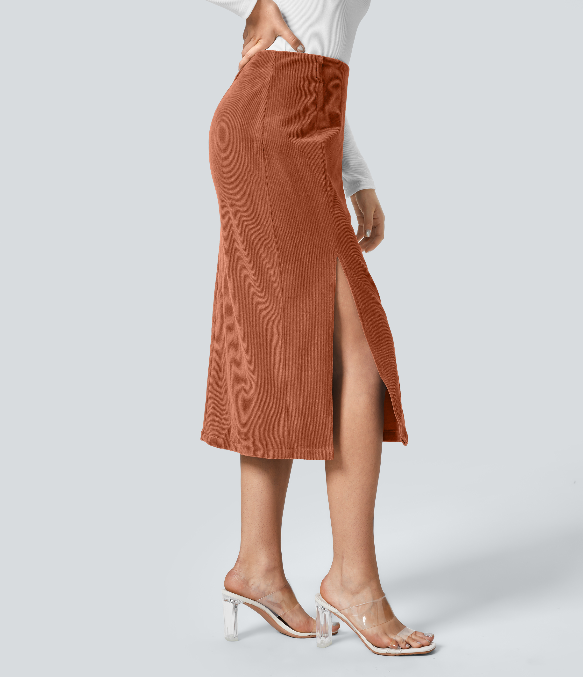 Halara High Waisted Invisible Zipper Split Hem Midi Corduroy Casual Skirt  - Bombay Brown - L(regular) 