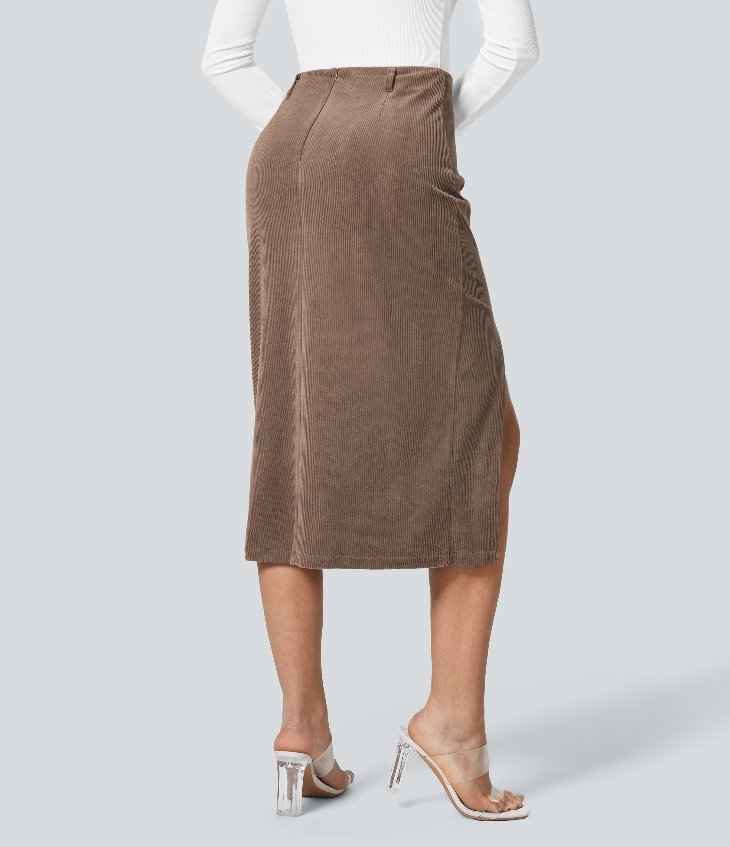 Halara High Waisted Invisible Zipper Split Hem Midi Corduroy Casual Skirt  - Cocoa Brown - L(regular) 