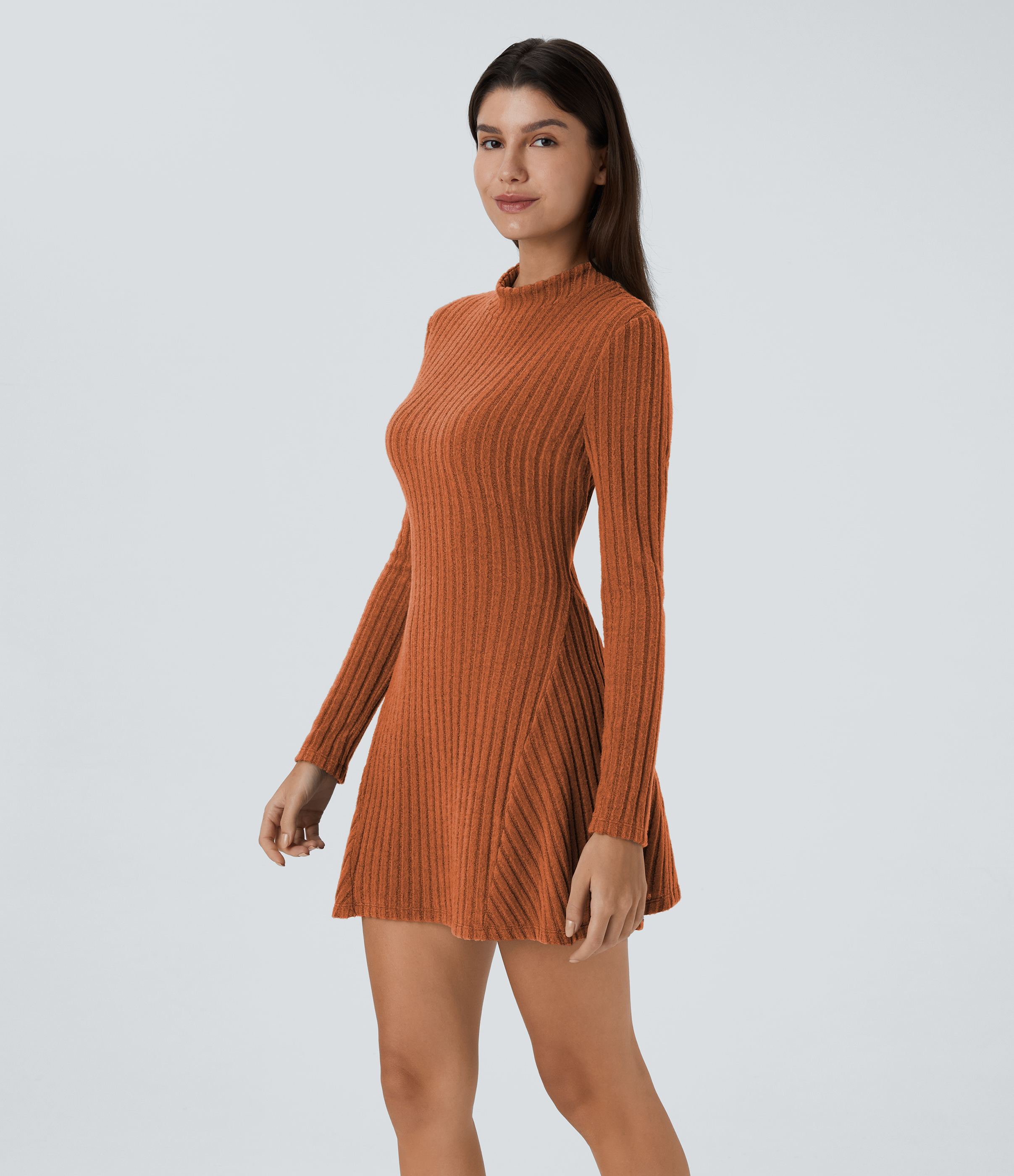 Halara Ribbed Knit Stand Collar Long Sleeve Mini Casual Dress Casual Dress - Orange Floral Velvet - L slip dress beach dress ruched dress 