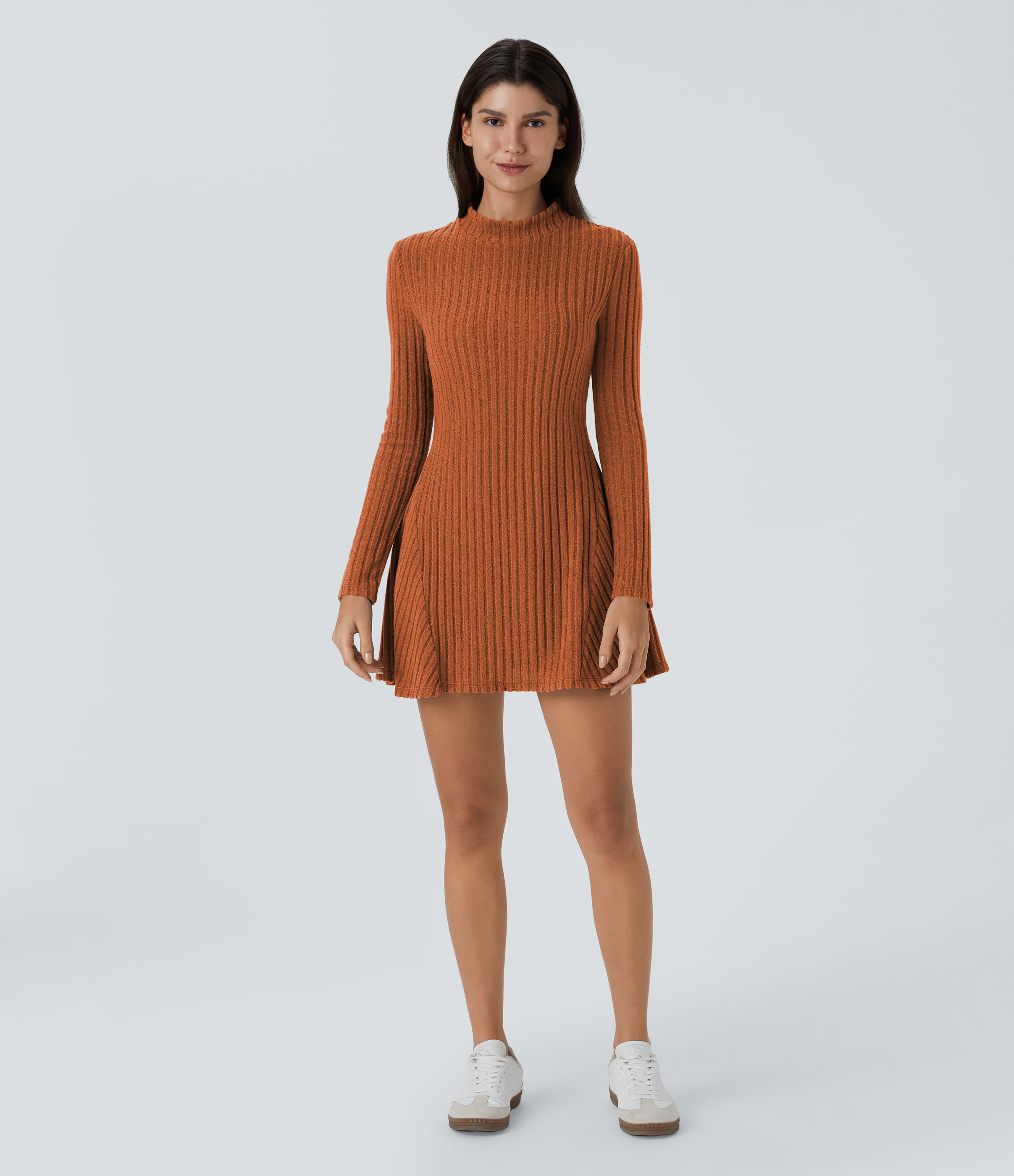 Halara Ribbed Knit Stand Collar Long Sleeve Mini Casual Dress Casual Dress - Orange Floral Velvet - L slip dress beach dress ruched dress 