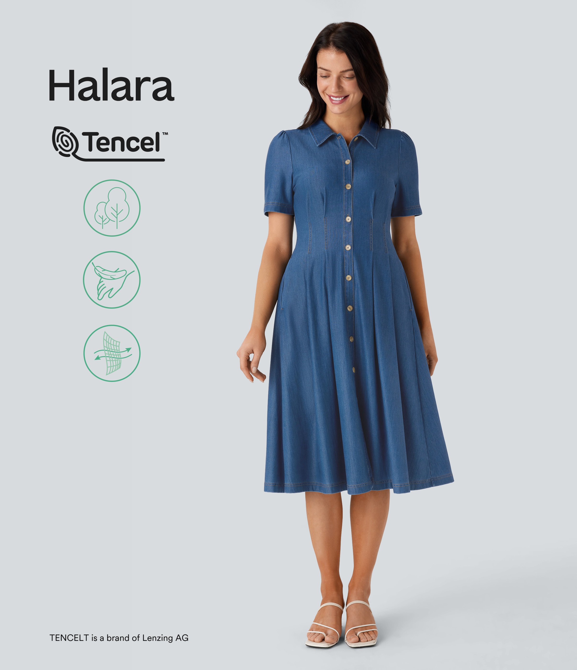 Halara Flex™ Robe midi décontractée évasée en denim extensible avec col, manches courtes, boutons et poches latérales
