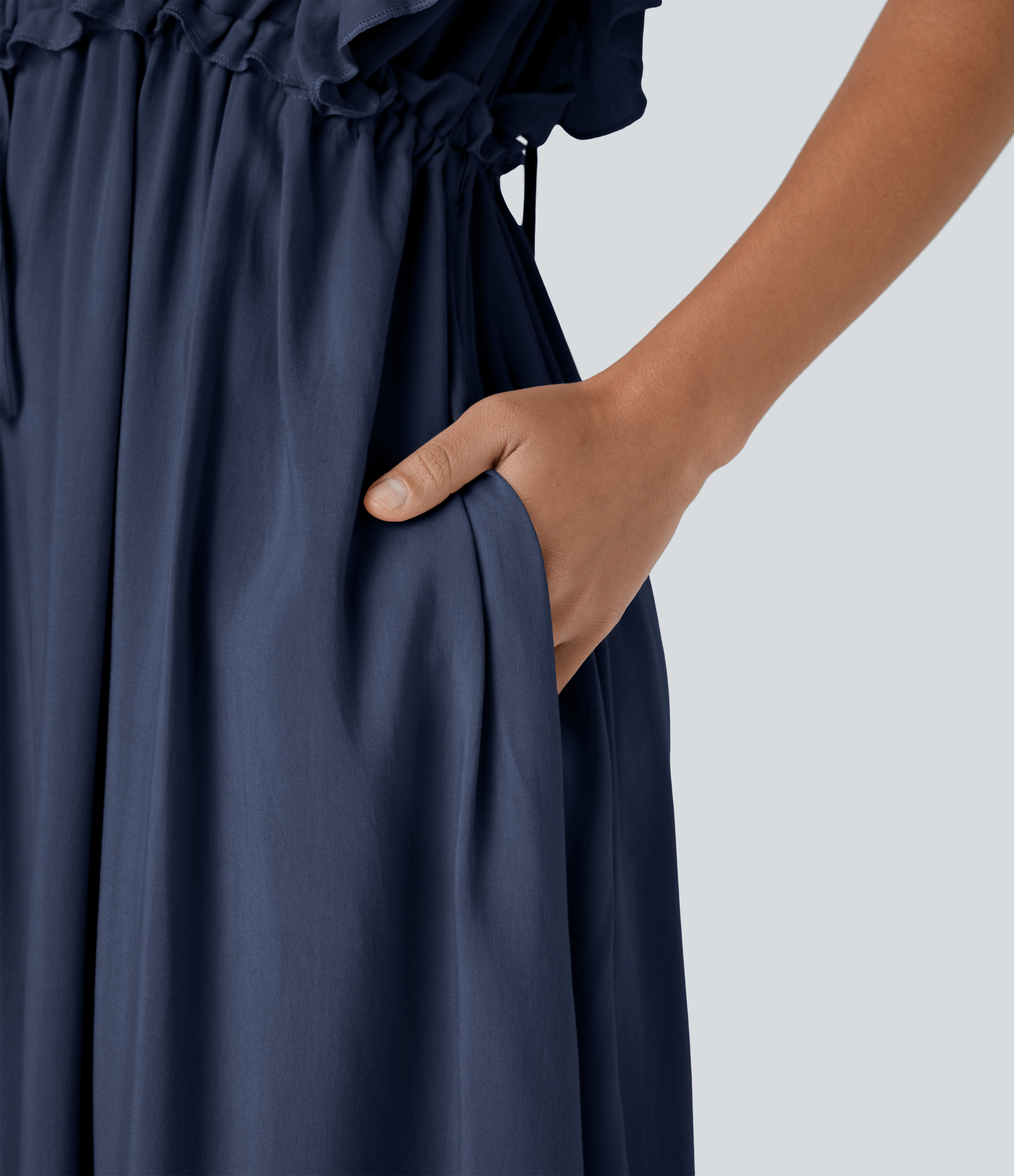 Halara Deep V Neck Butterfly Sleeve Backless Drawstring Button Side Pocket Flowy Maxi Casual Dress Casual Dress - Foggy Blue - M slip dress 