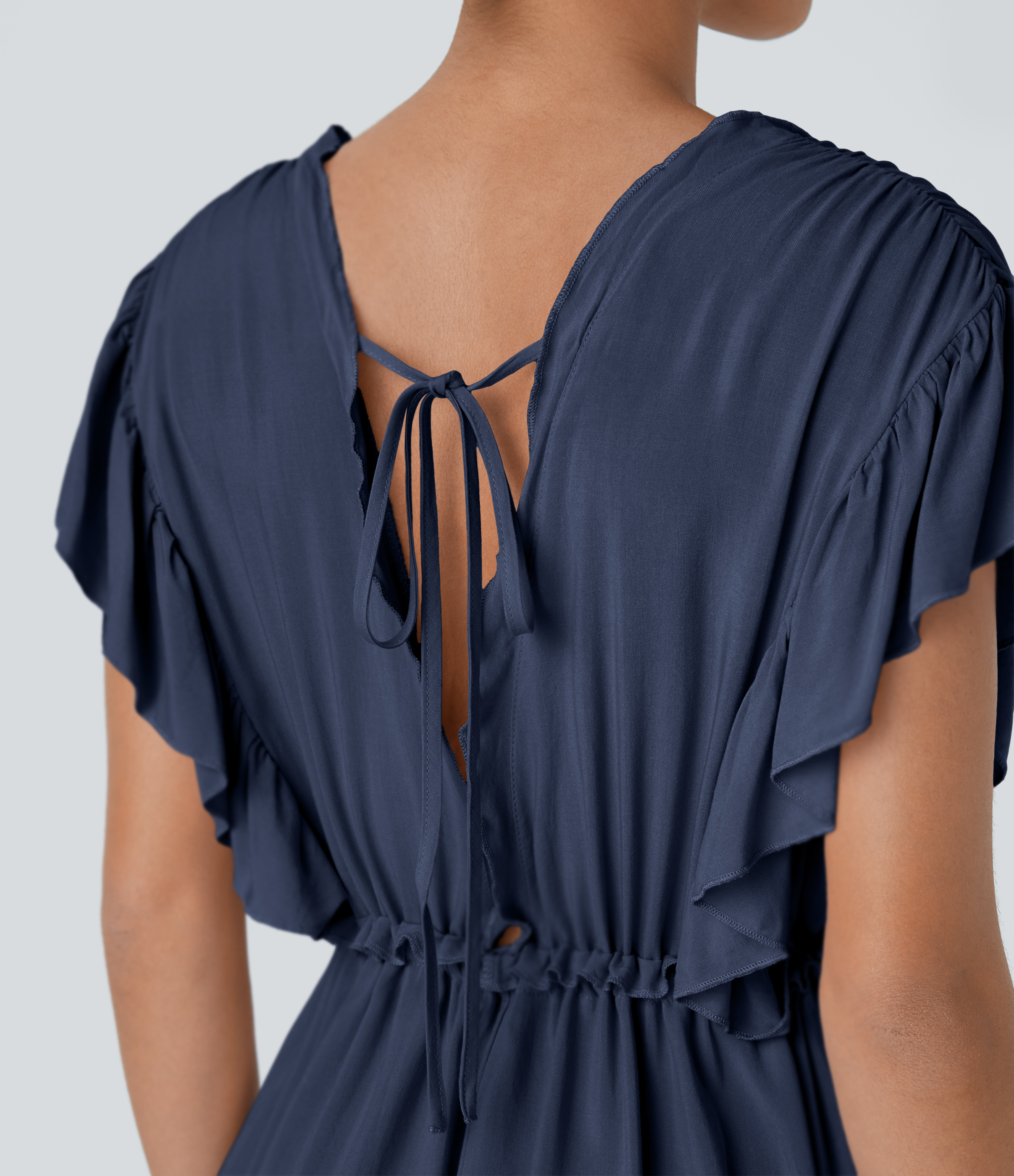 Halara Deep V Neck Butterfly Sleeve Backless Drawstring Button Side Pocket Flowy Maxi Casual Dress Casual Dress - Foggy Blue - M slip dress 