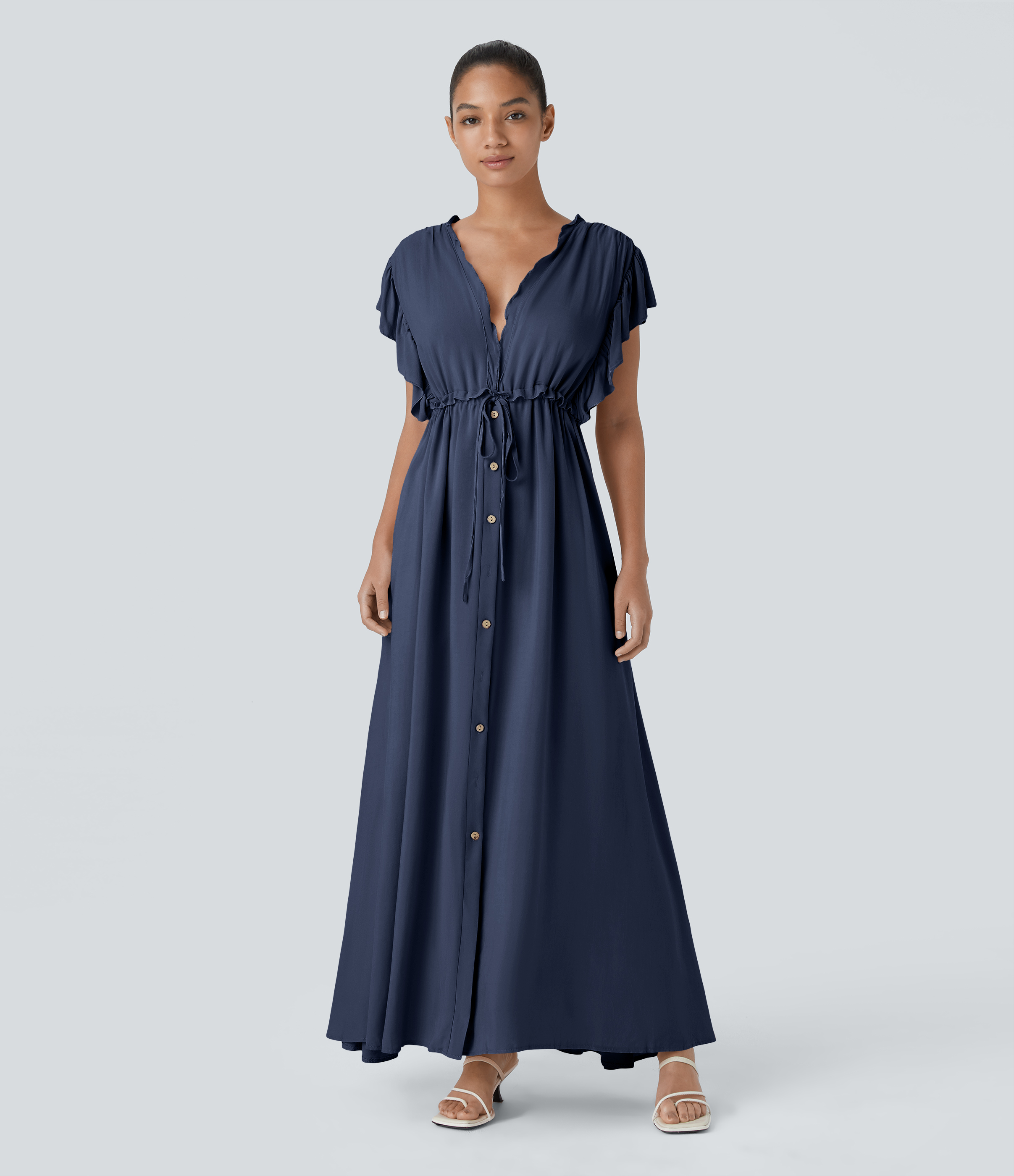 Halara Deep V Neck Butterfly Sleeve Backless Drawstring Button Side Pocket Flowy Maxi Casual Dress Casual Dress - Foggy Blue - M slip dress 