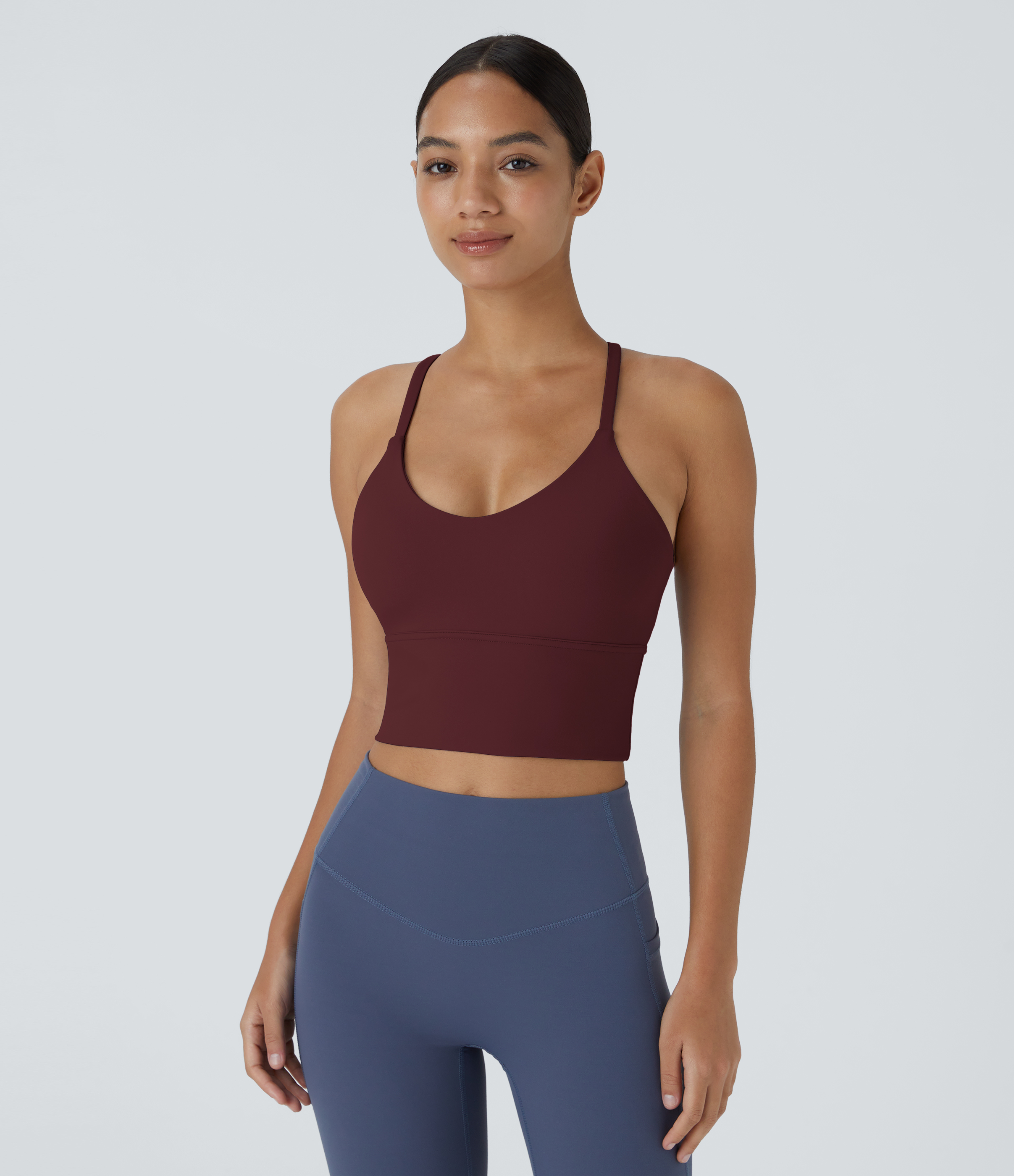 Halara Softlyzeroв„ў Plush Backless Crisscross Cut Out Cropped Tank Top Tank Top - Red Mahogany - XL golf tops halter top tunic tops 