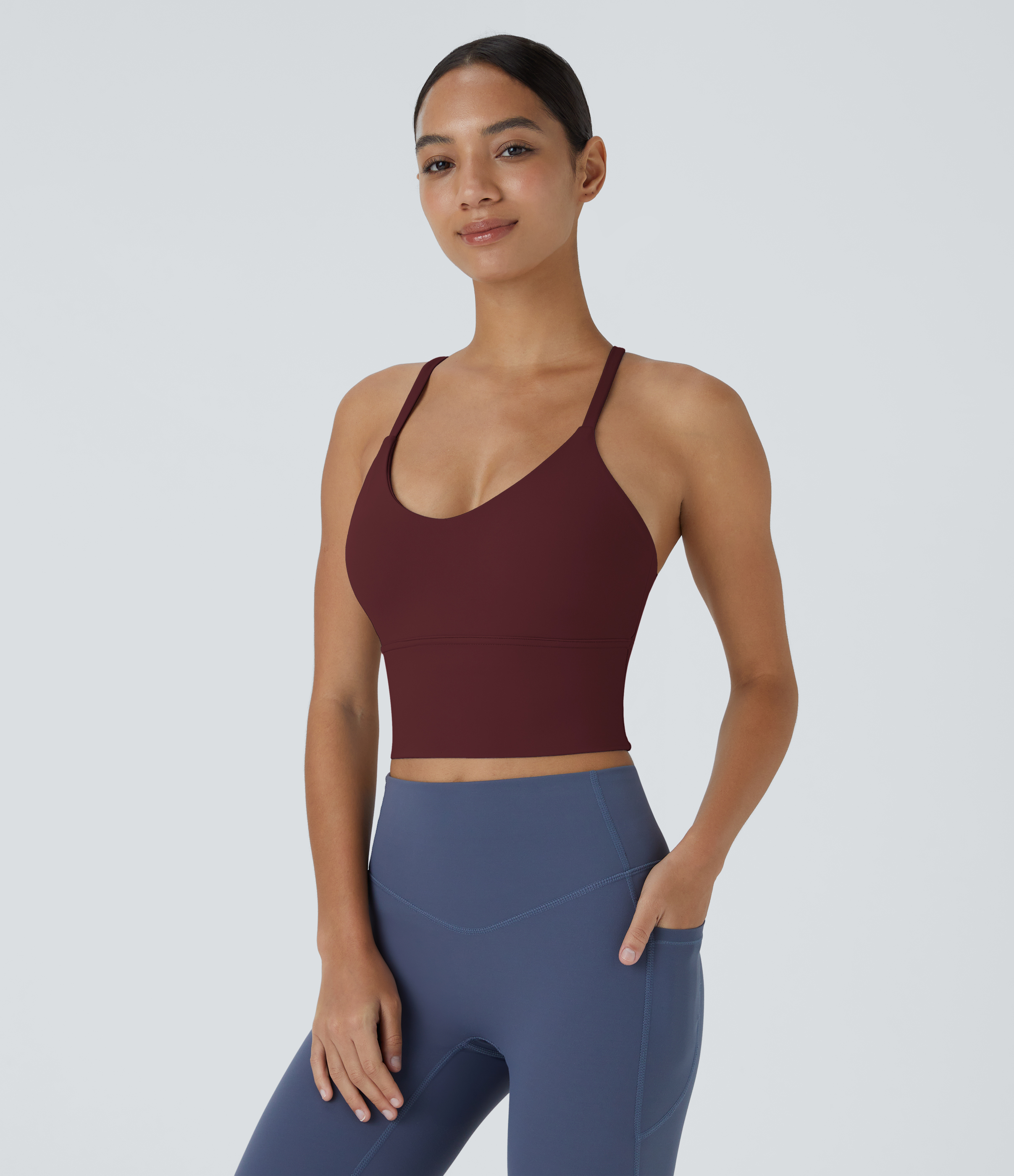 Halara Softlyzeroв„ў Plush Backless Crisscross Cut Out Cropped Tank Top Tank Top - Red Mahogany - XL golf tops halter top tunic tops 