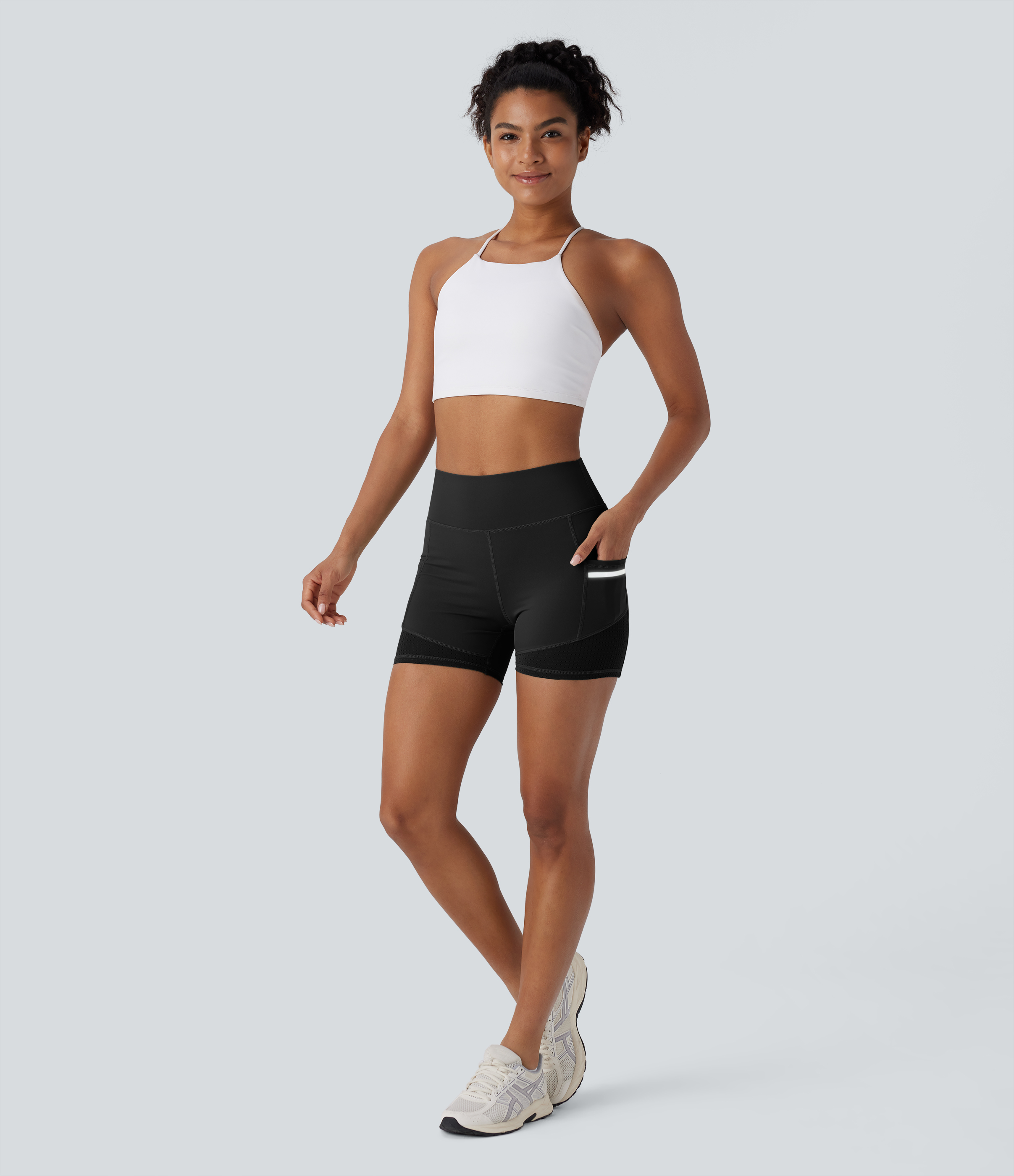 Halara Softlyzeroв„ў Airy High Waisted Reflective Line Contrast Perforated Side Pocket Cool Touch Yoga Biker Shorts 4``  - Black - M 