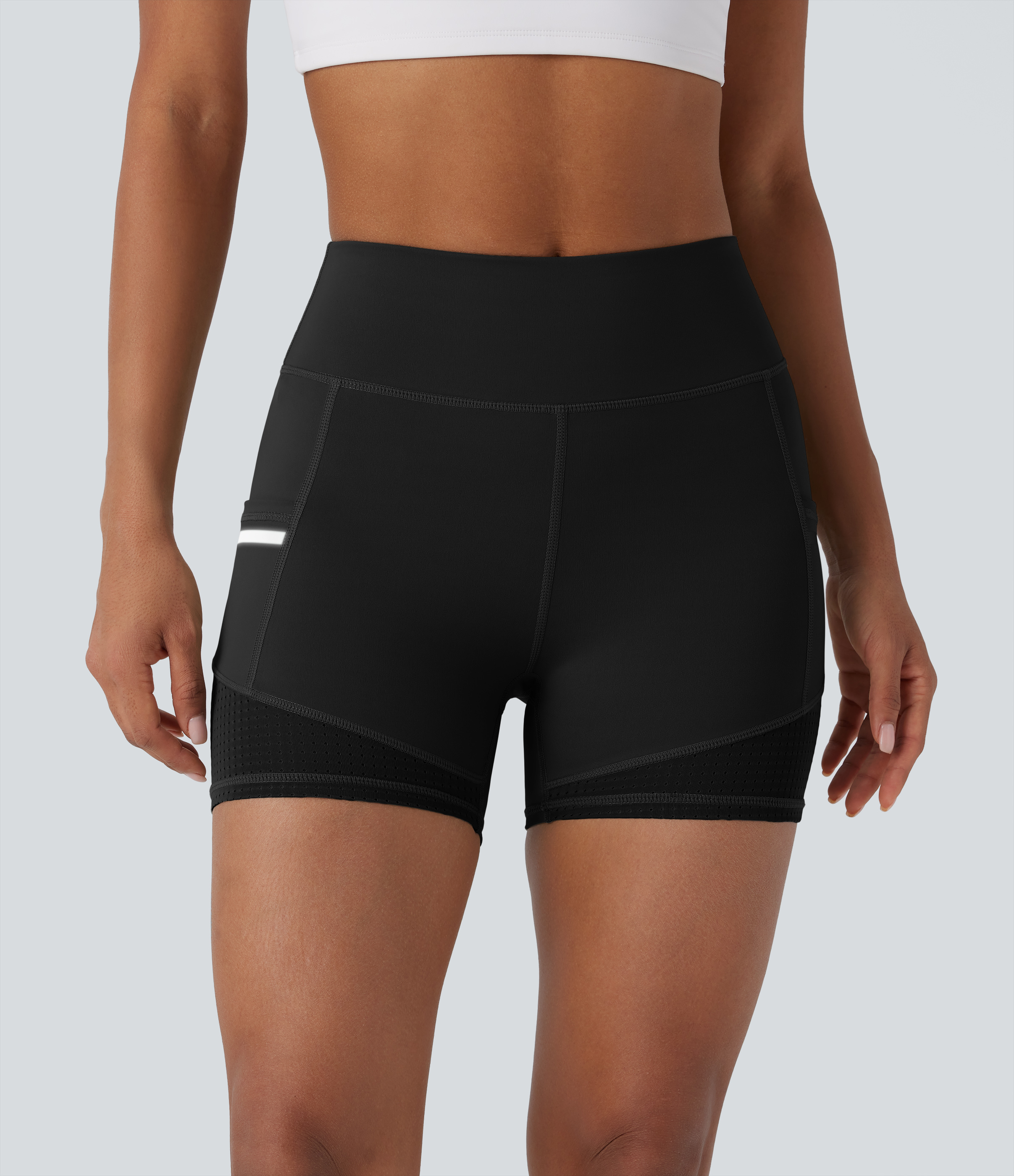 Halara Softlyzeroв„ў Airy High Waisted Reflective Line Contrast Perforated Side Pocket Cool Touch Yoga Biker Shorts 4``  - Black - M 
