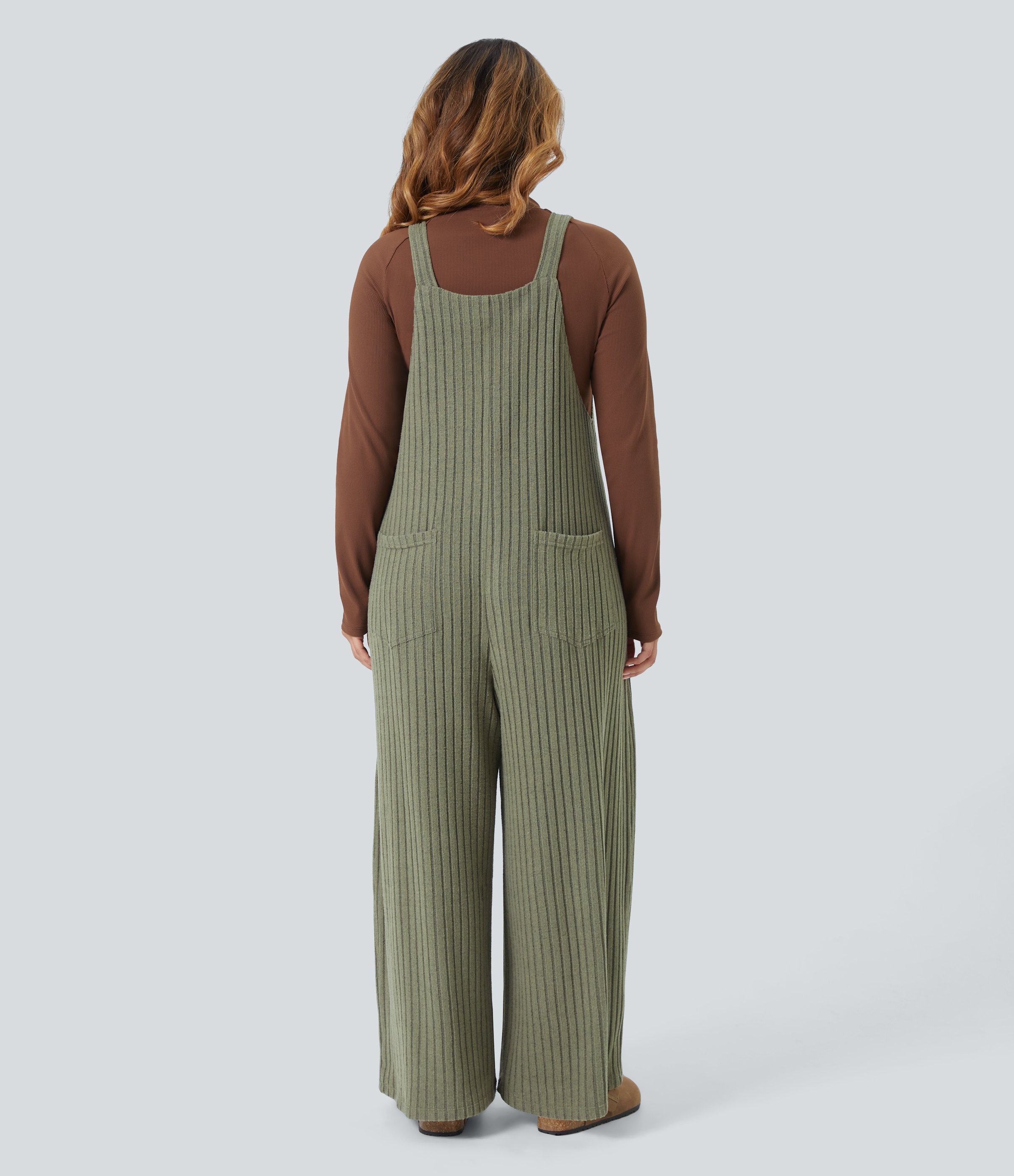 Moss Green Floral Velvet Mono casual de punto acanalado de talla grande con bolsillos / 2