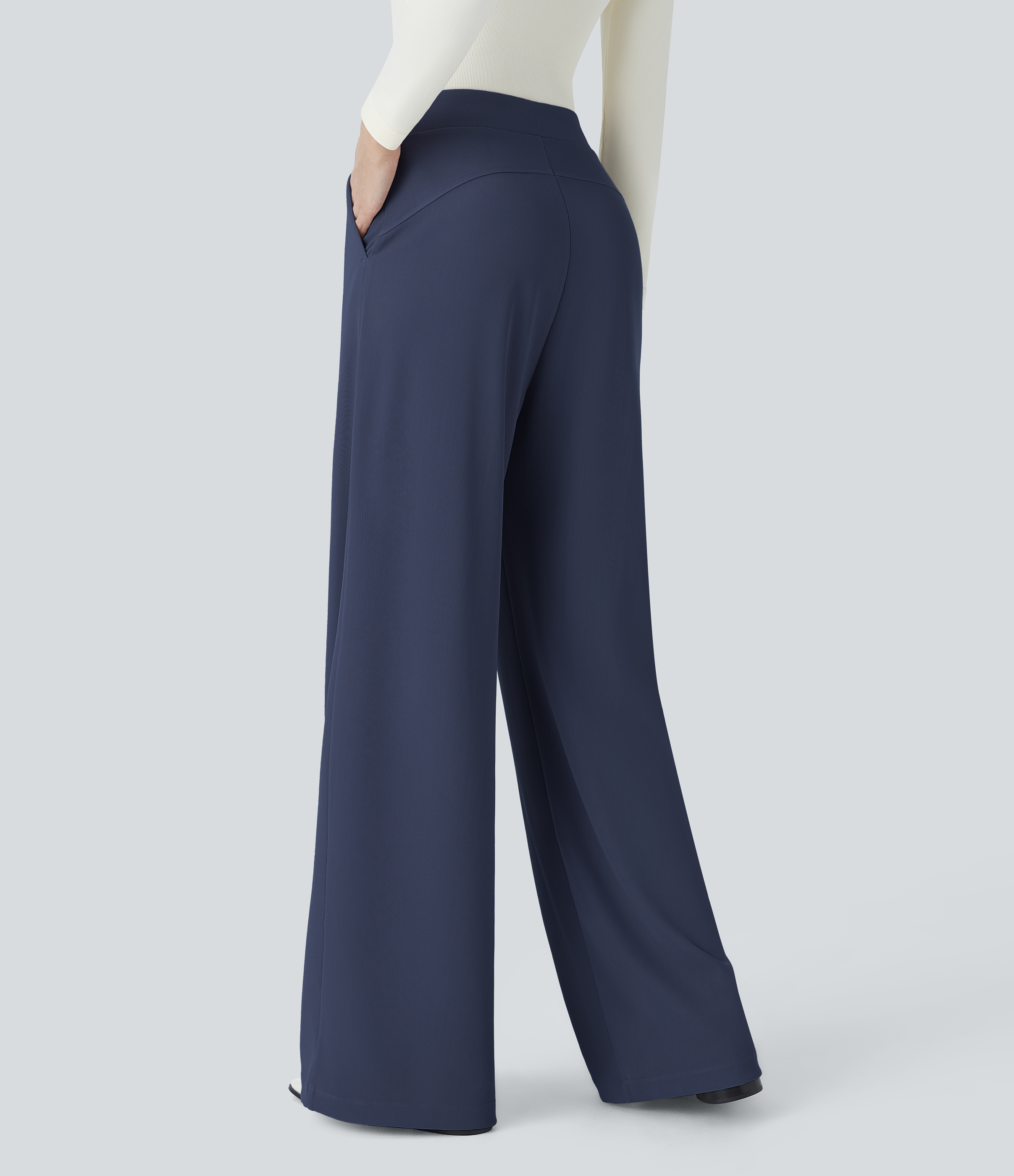 Halara Halara Flexв„ў High Waisted Body Sculpt Waist-Slimming Side Pocket Wide Leg Micro Waffle Work Pants  - Mood Indigo - XL(petite) 