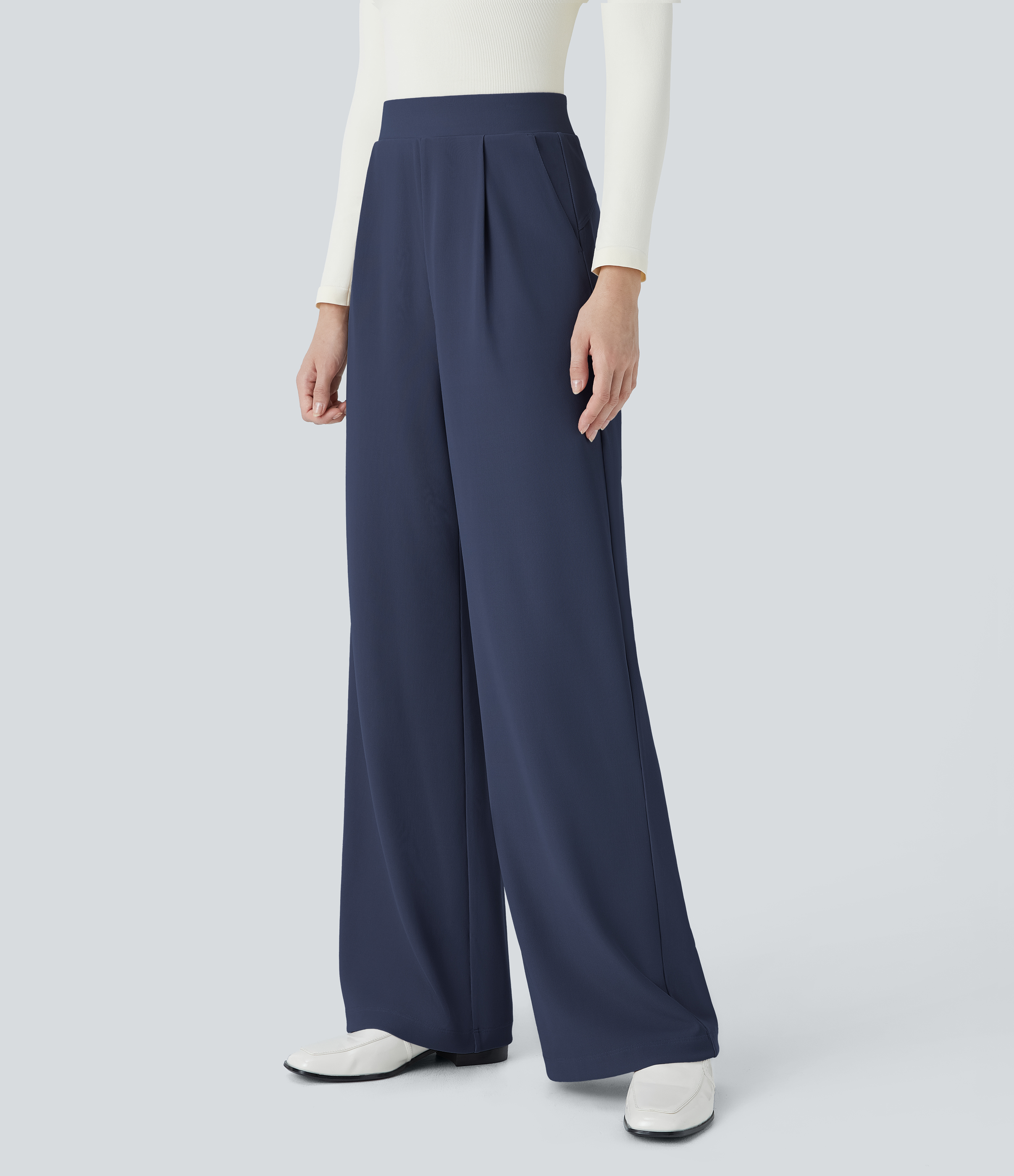 Halara Halara Flexв„ў High Waisted Body Sculpt Waist-Slimming Side Pocket Wide Leg Micro Waffle Work Pants  - Mood Indigo - XL(petite) 