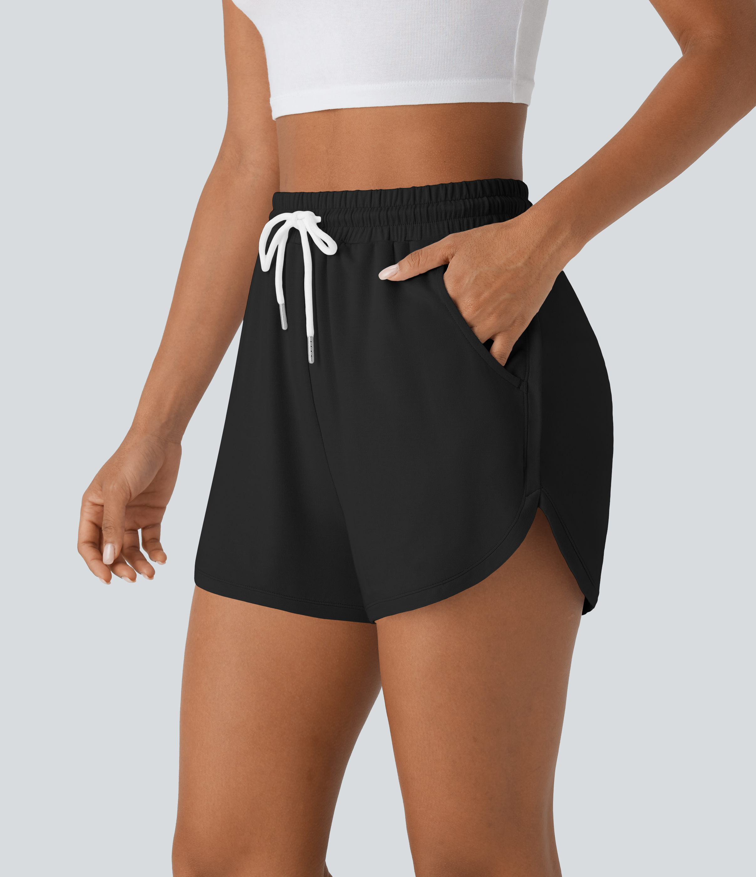 Halara High Waisted Drawstring Side Pocket Curved Hem Casual Shorts  - Black - S booty shorts compression shorts yoga shorts 