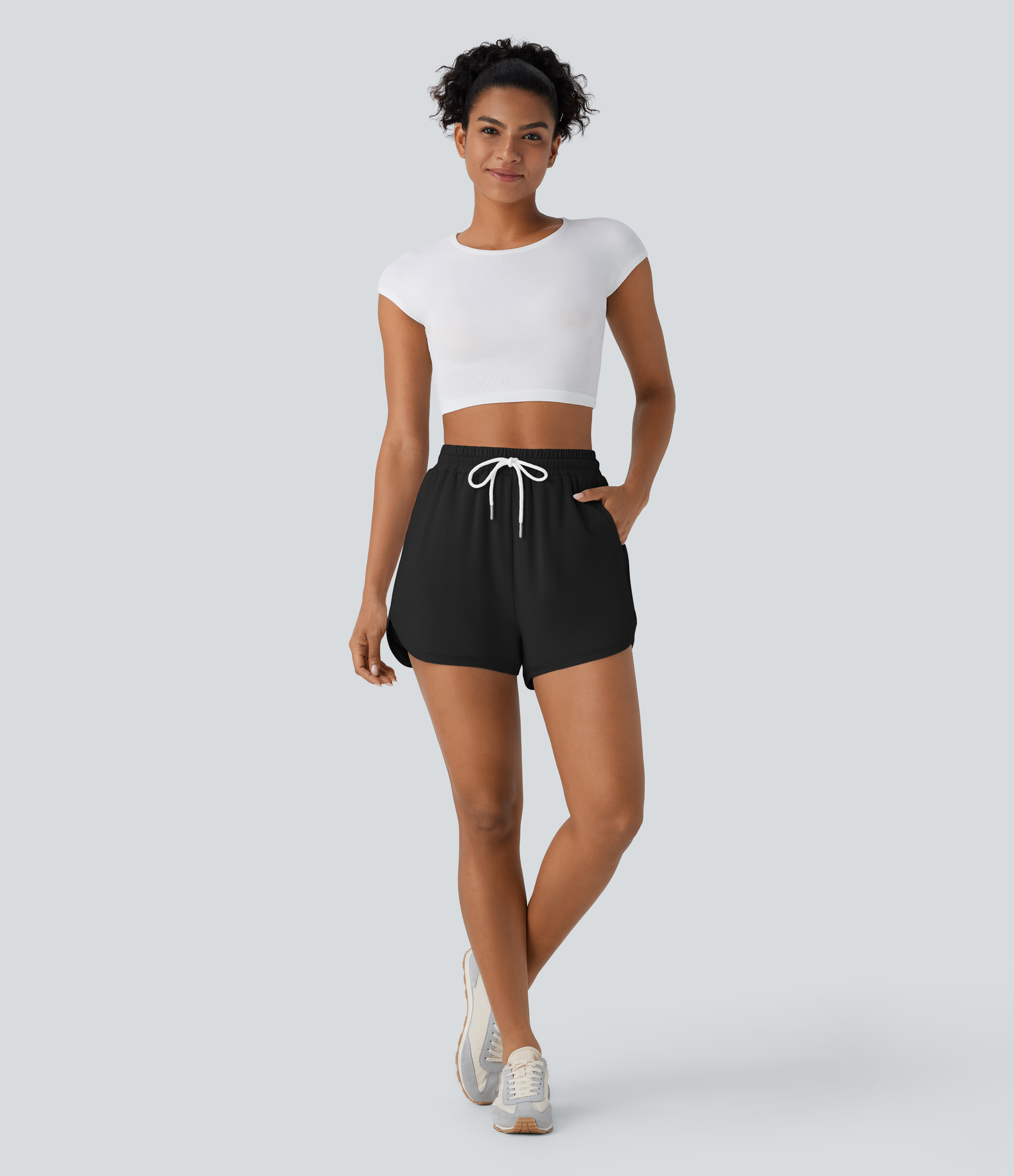 Halara High Waisted Drawstring Side Pocket Curved Hem Casual Shorts  - Black - S booty shorts compression shorts yoga shorts 
