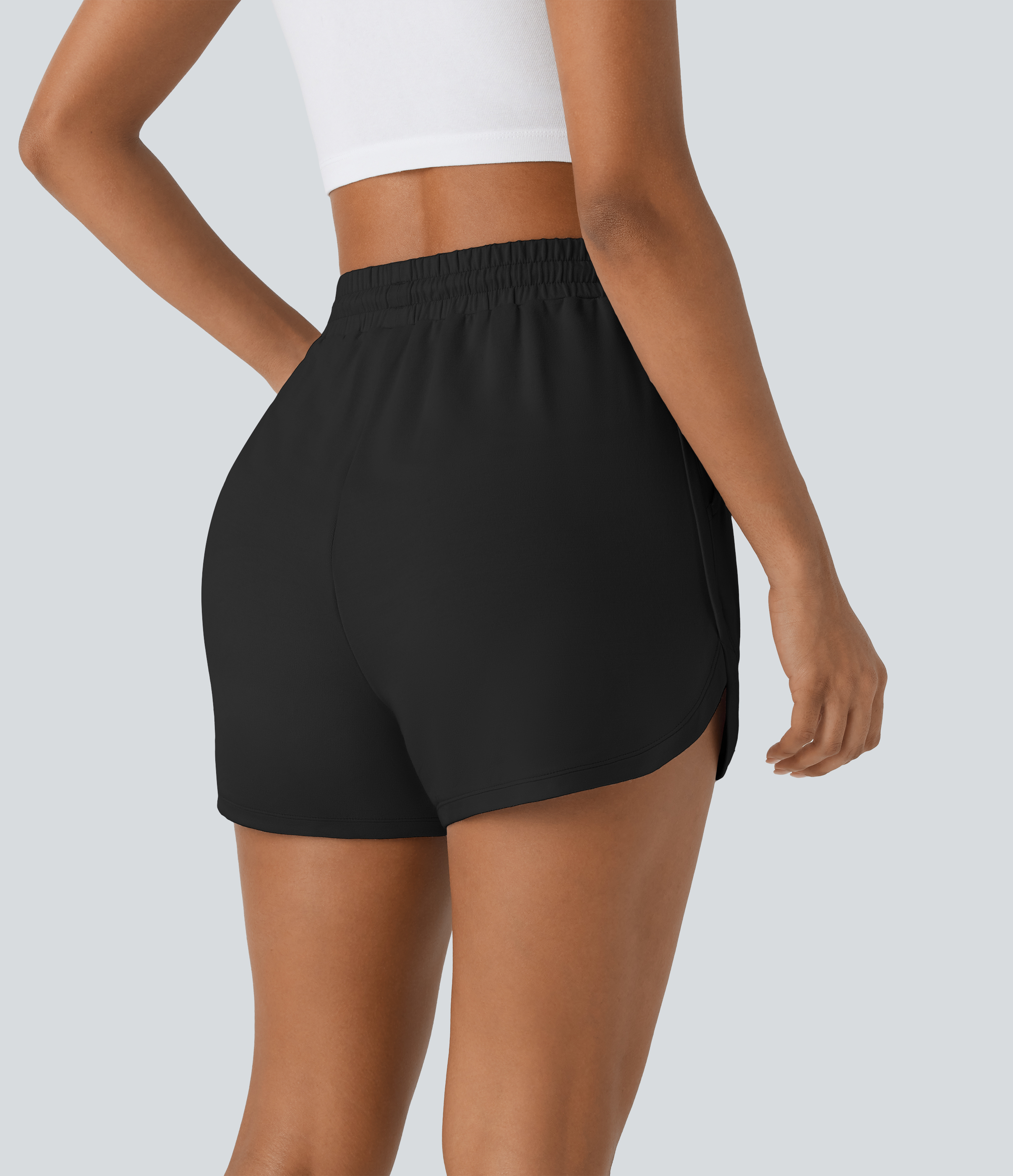 Halara High Waisted Drawstring Side Pocket Curved Hem Casual Shorts  - Black - S booty shorts compression shorts yoga shorts 