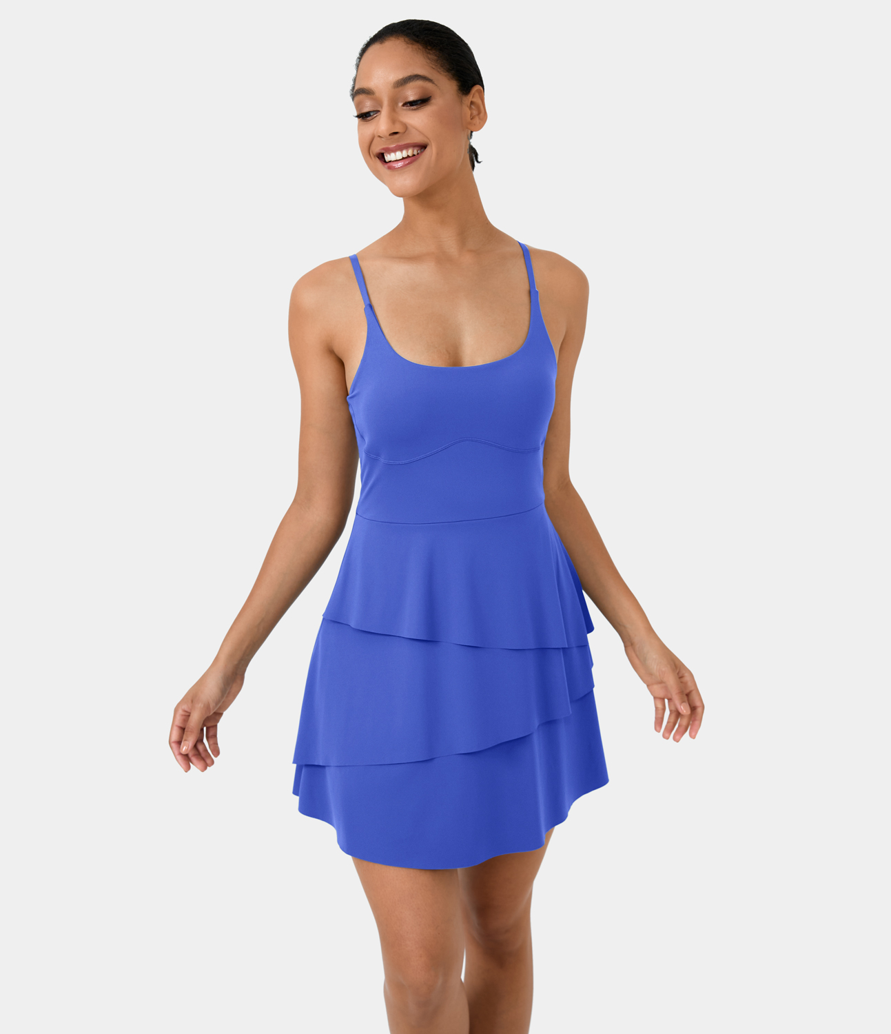 Halara Softlyzeroв„ў Airy Backless Tiered Ruffle 2-in-1 Pocket Cool Touch Mini Slip Dance Active Dress Workout Dress - Aster Blue - L 