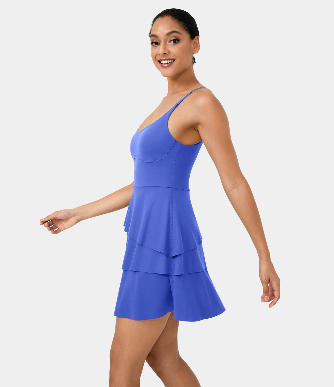 Halara Softlyzeroв„ў Airy Backless Tiered Ruffle 2-in-1 Pocket Cool Touch Mini Slip Dance Active Dress Workout Dress - Aster Blue - L 