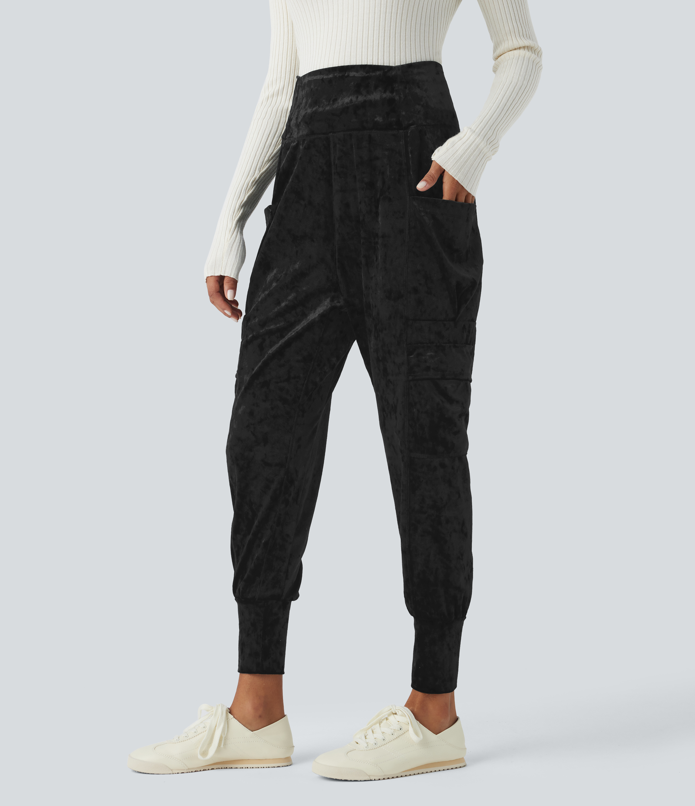 Halara High Waisted Side Pocket Velvet Harem Casual Joggers  - Black - XL(regular) 