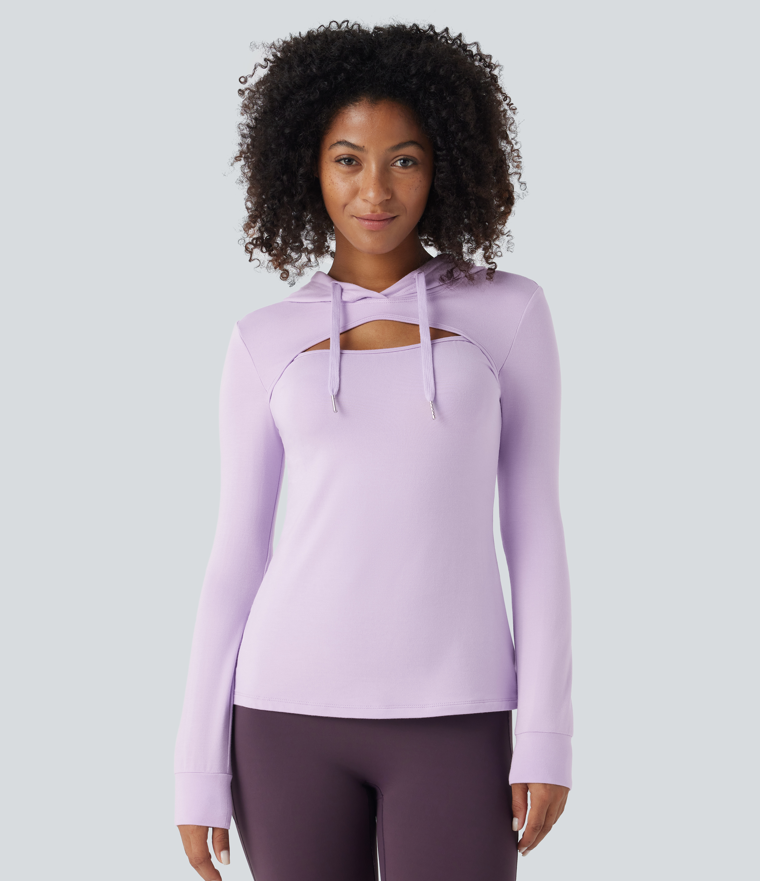 Halara Hooded Drawstring Cut Out Casual Hoodie Sweatshirt-Longer Length  - Misty Purple - L(Long) 