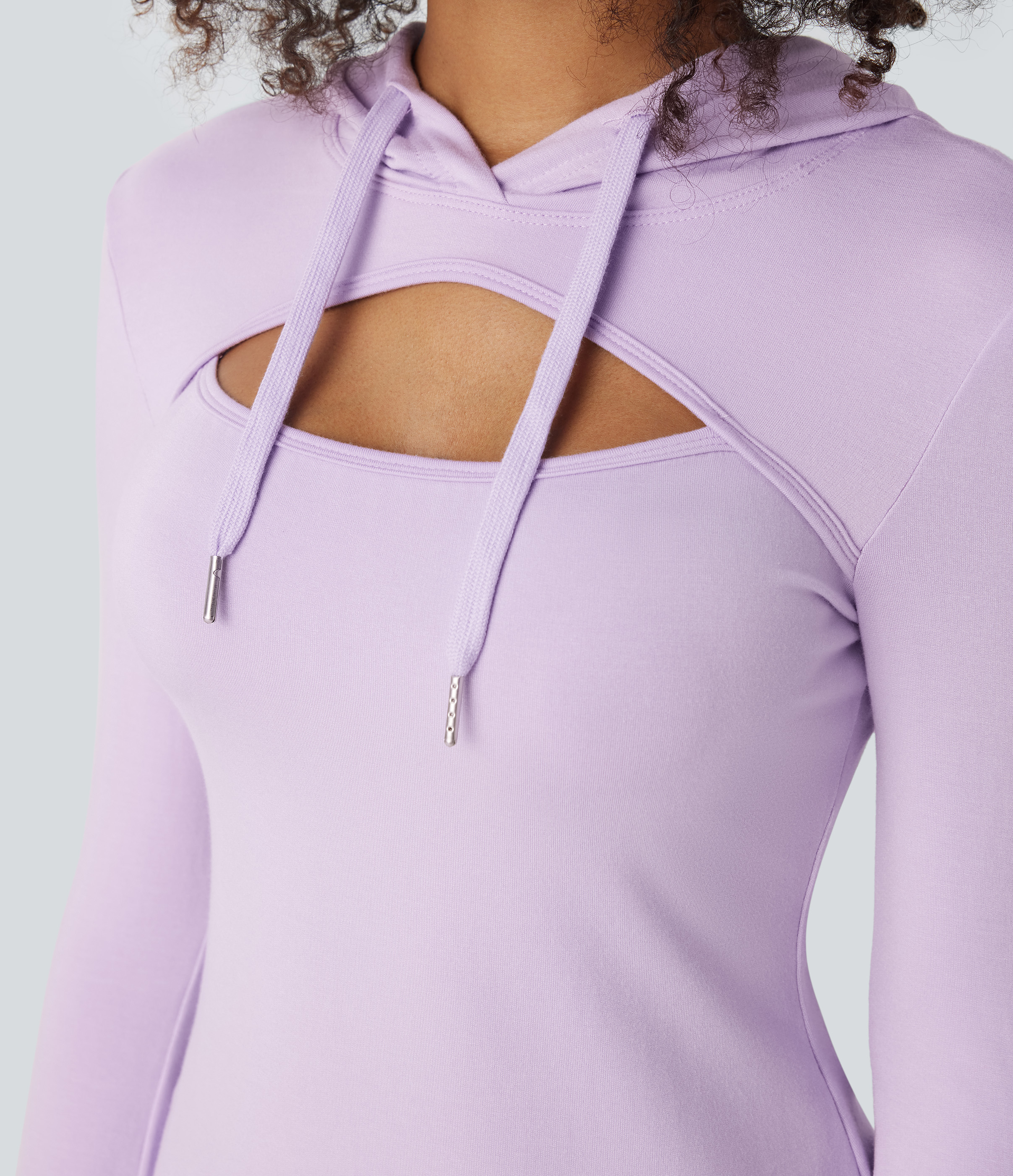 Halara Hooded Drawstring Cut Out Casual Hoodie Sweatshirt-Longer Length  - Misty Purple - L(Long) 
