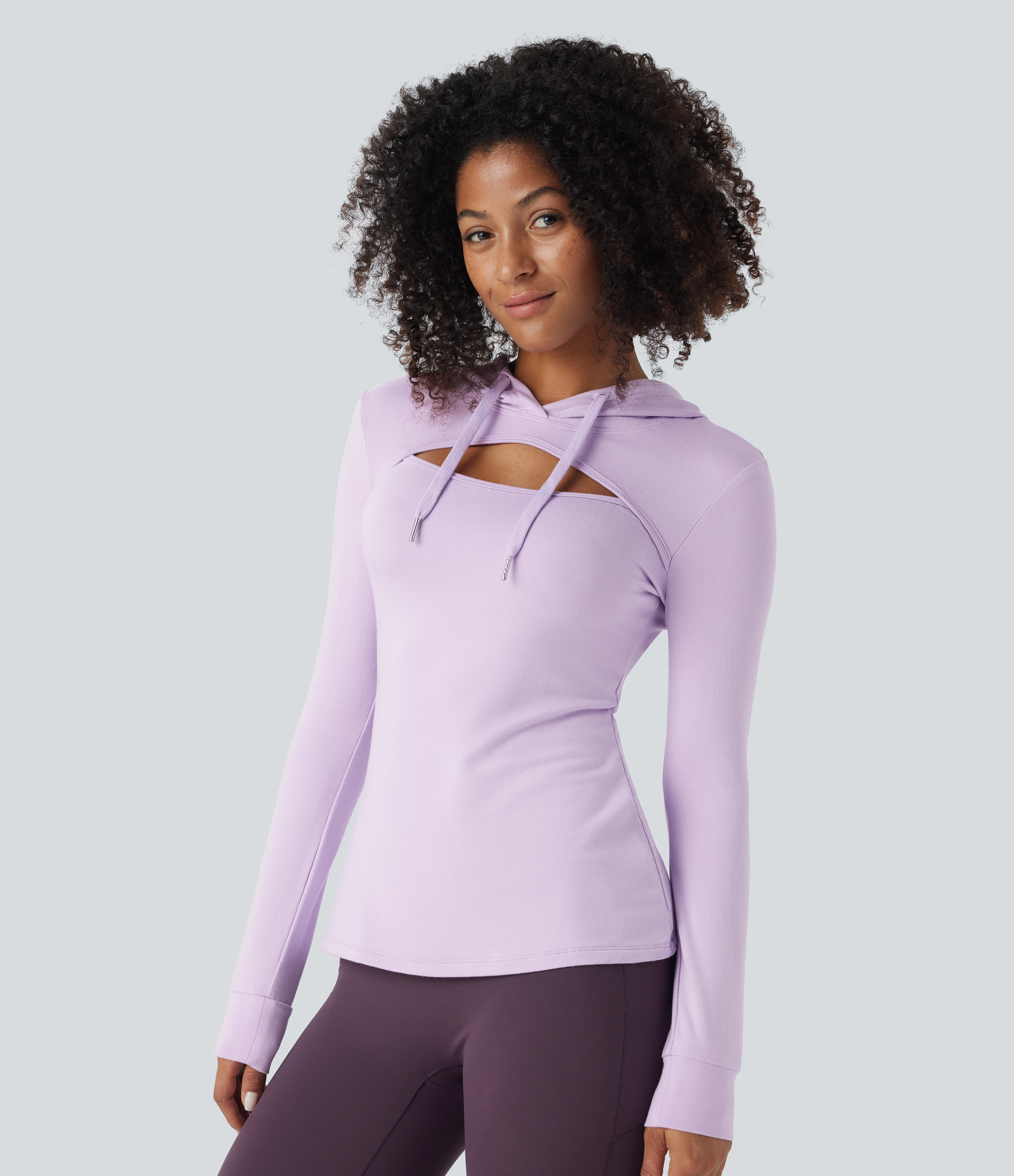 Halara Hooded Drawstring Cut Out Casual Hoodie Sweatshirt-Longer Length  - Misty Purple - L(Long) 