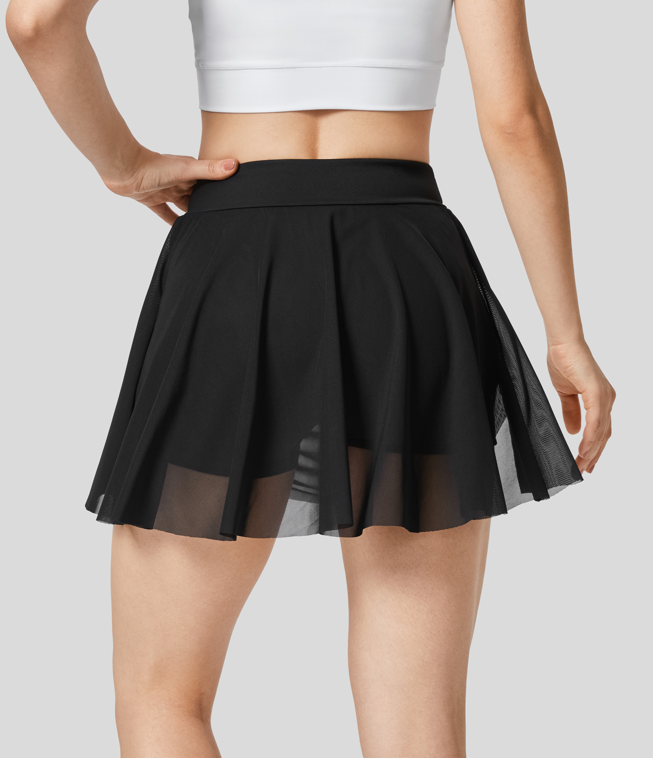Halara High Waisted Contrast Mesh Ruched 2-in-1 Side Pocket Mini Dance Skirt  - Black - S(regular) 