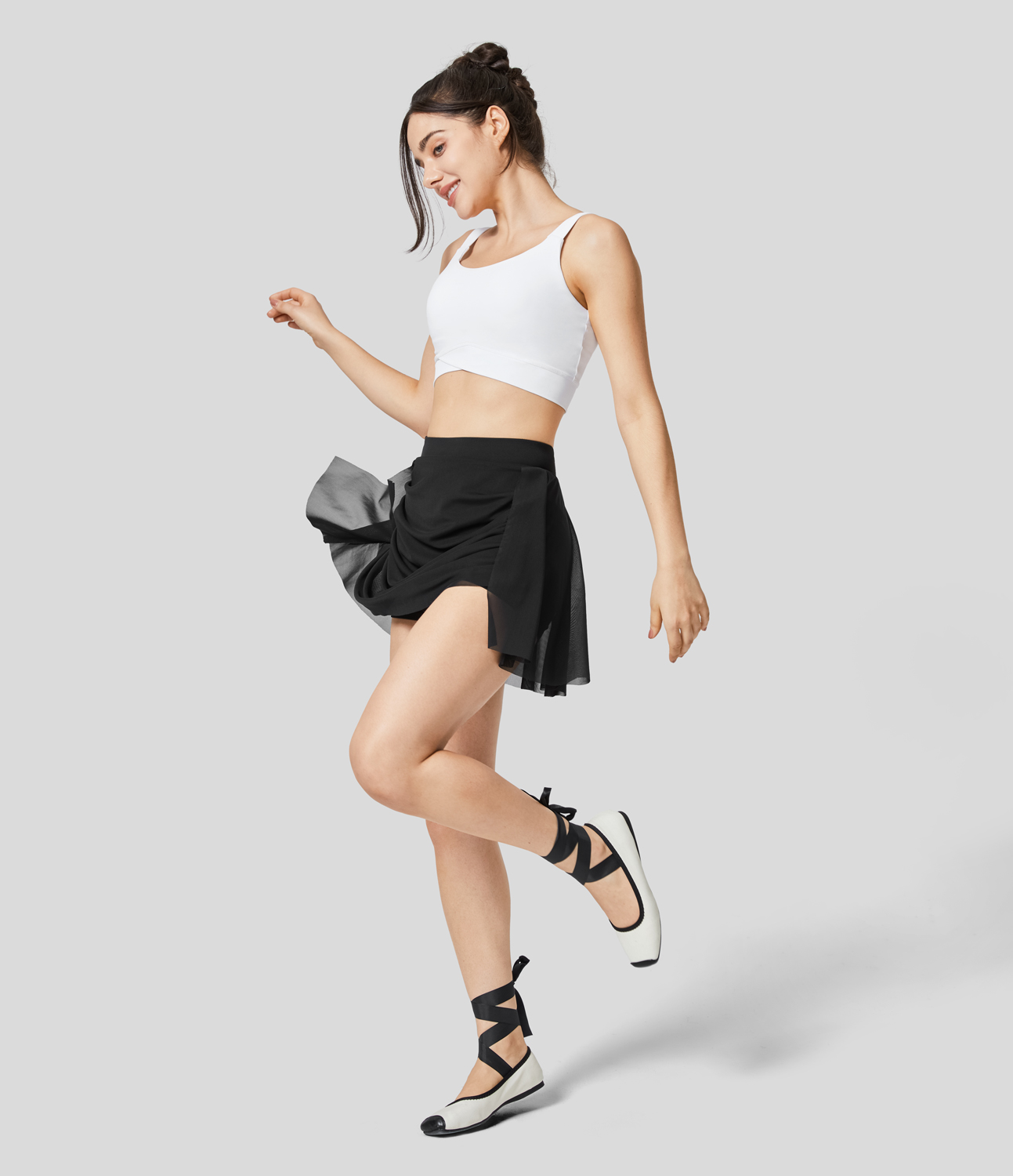 Halara High Waisted Contrast Mesh Ruched 2-in-1 Side Pocket Mini Dance Skirt  - Black - S(regular) 