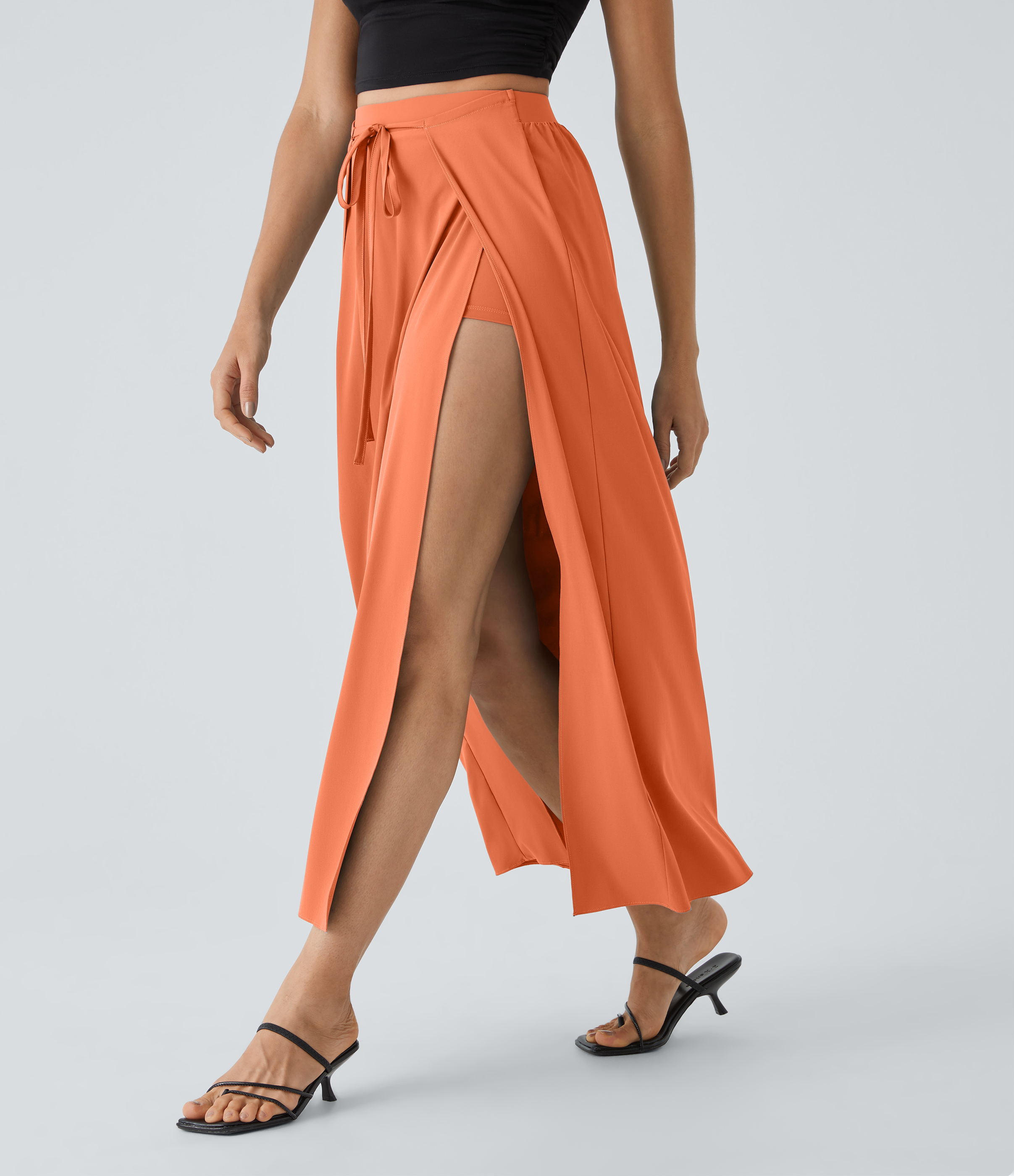 Halara Breezefulв„ў High Waisted Tie Front Plicated Split Flowy 2-in-1 Maxi Quick Dry Casual Skirt  - Blush Orange - L(regular) 