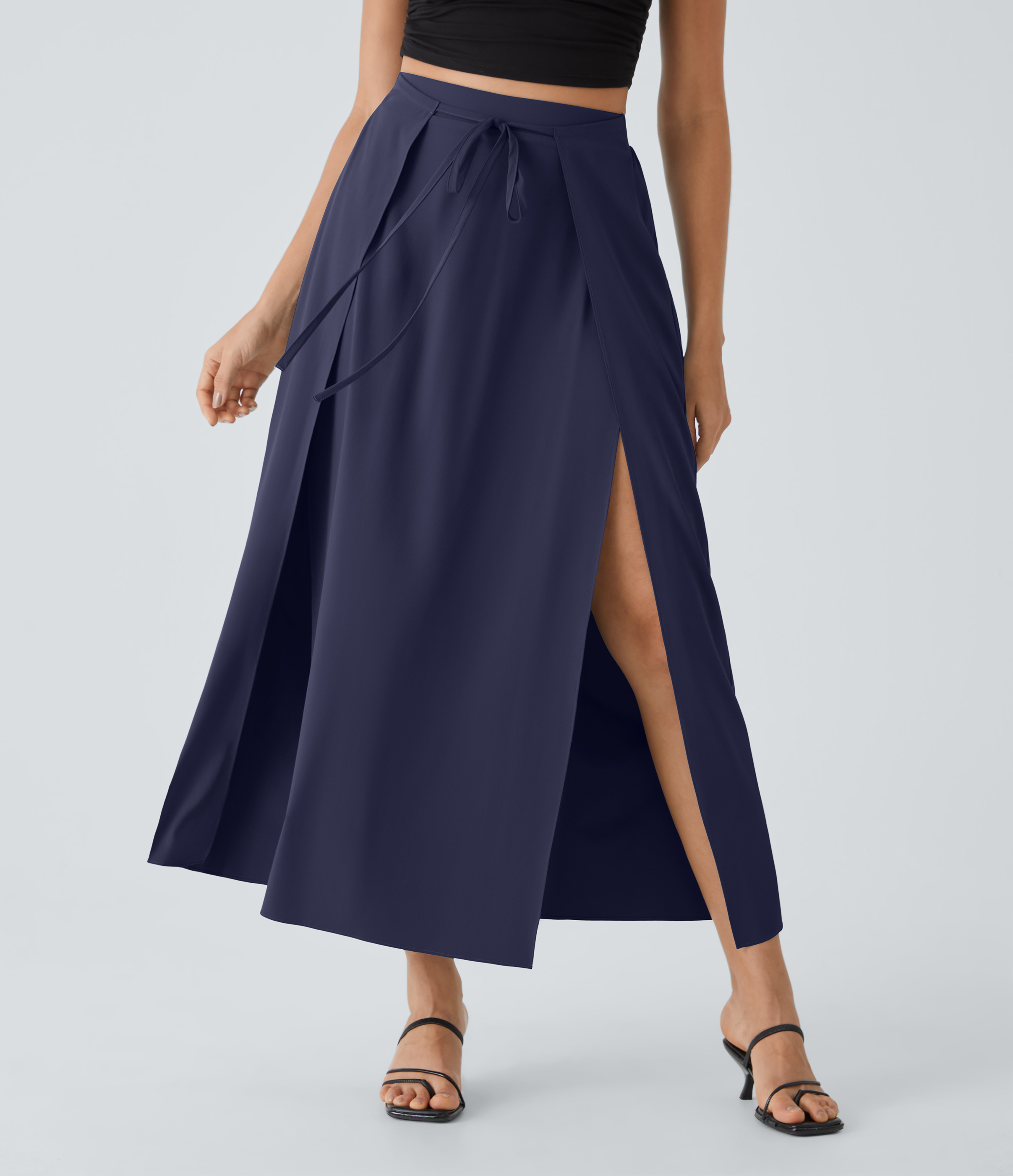 Halara Breezefulв„ў High Waisted Tie Front Plicated Split Flowy 2-in-1 Maxi Quick Dry Casual Skirt  - Black Diamond Blue - XL(regular) 
