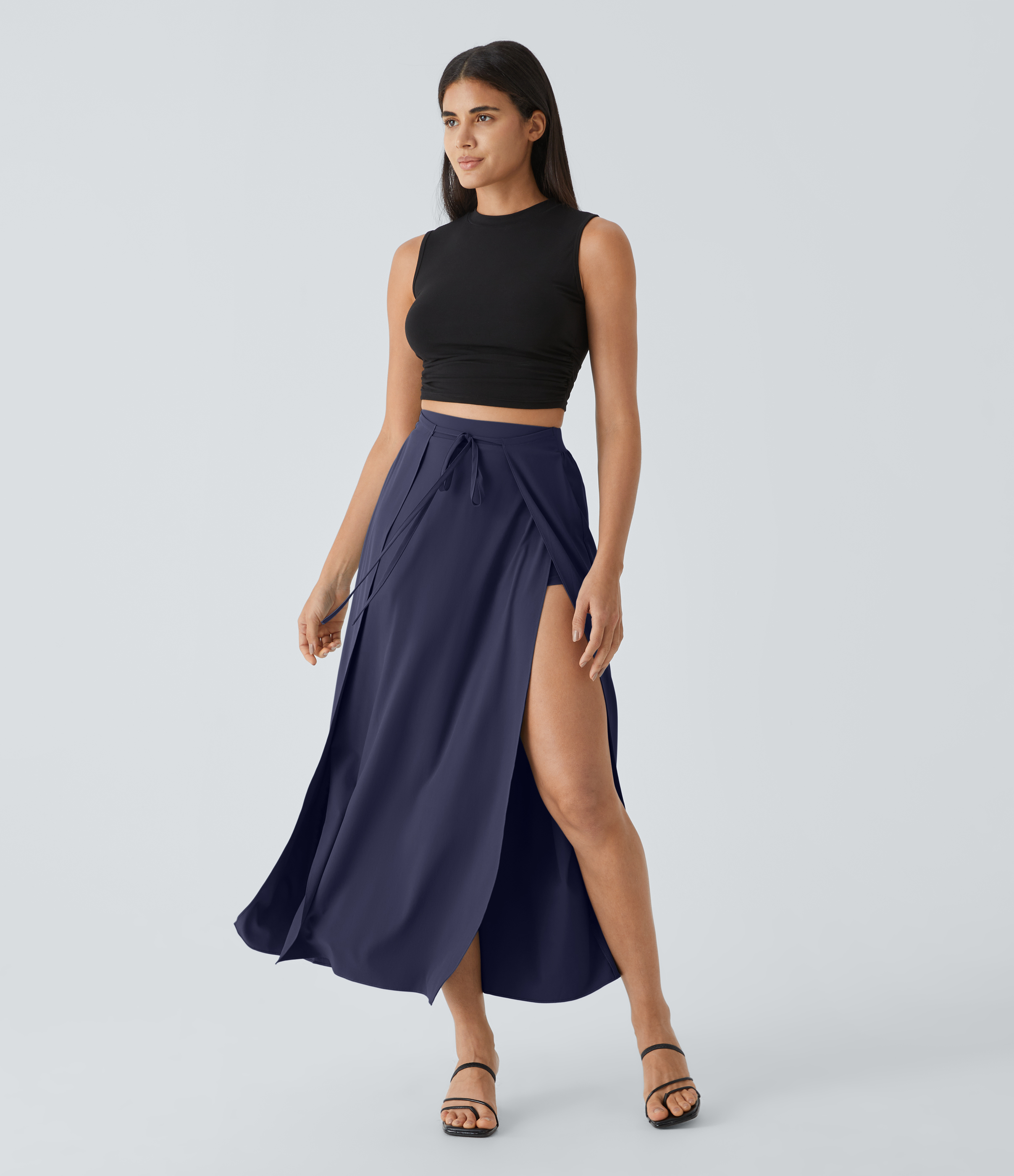 Halara Breezefulв„ў High Waisted Tie Front Plicated Split Flowy 2-in-1 Maxi Quick Dry Casual Skirt  - Black Diamond Blue - XL(regular) 