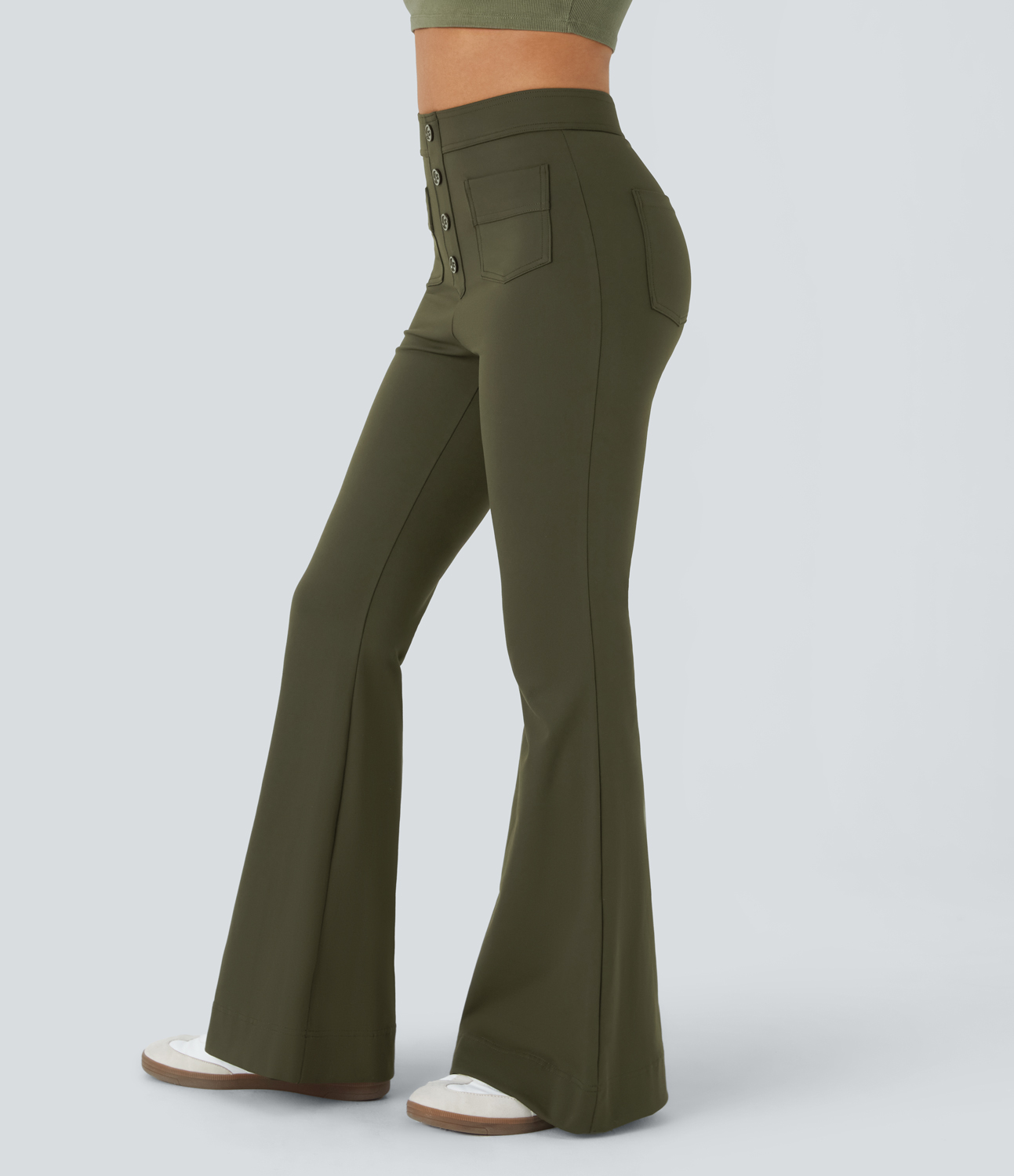 Halara High Waisted Button Multiple Pockets Flare Casual Pants  - Forest Night - XS 